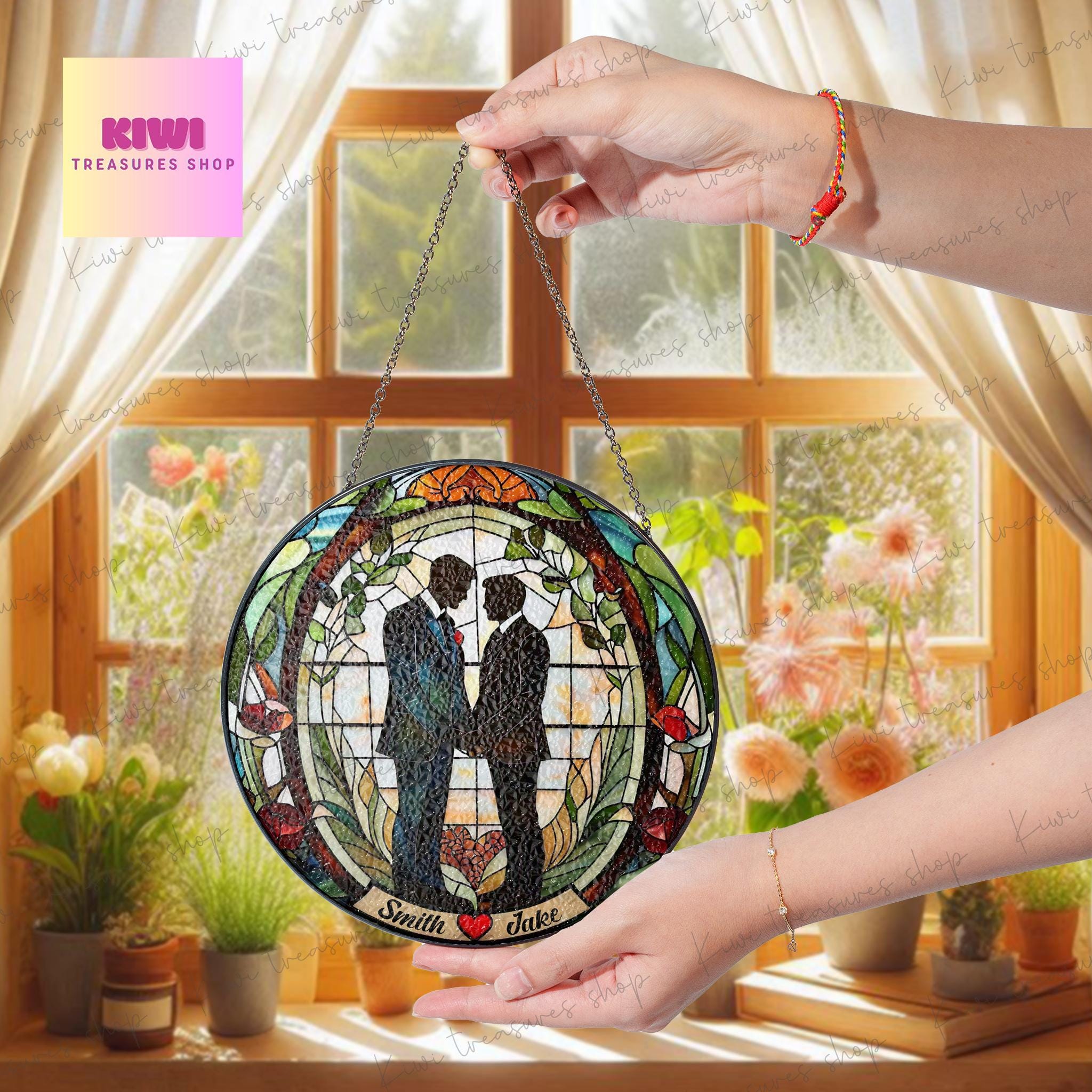 Custom Gay wedding GLASS Suncatcher Hanging, Anniversary couple suncatcher window decor, Valentine Home Wall gift suncatcher, LGBT couple
