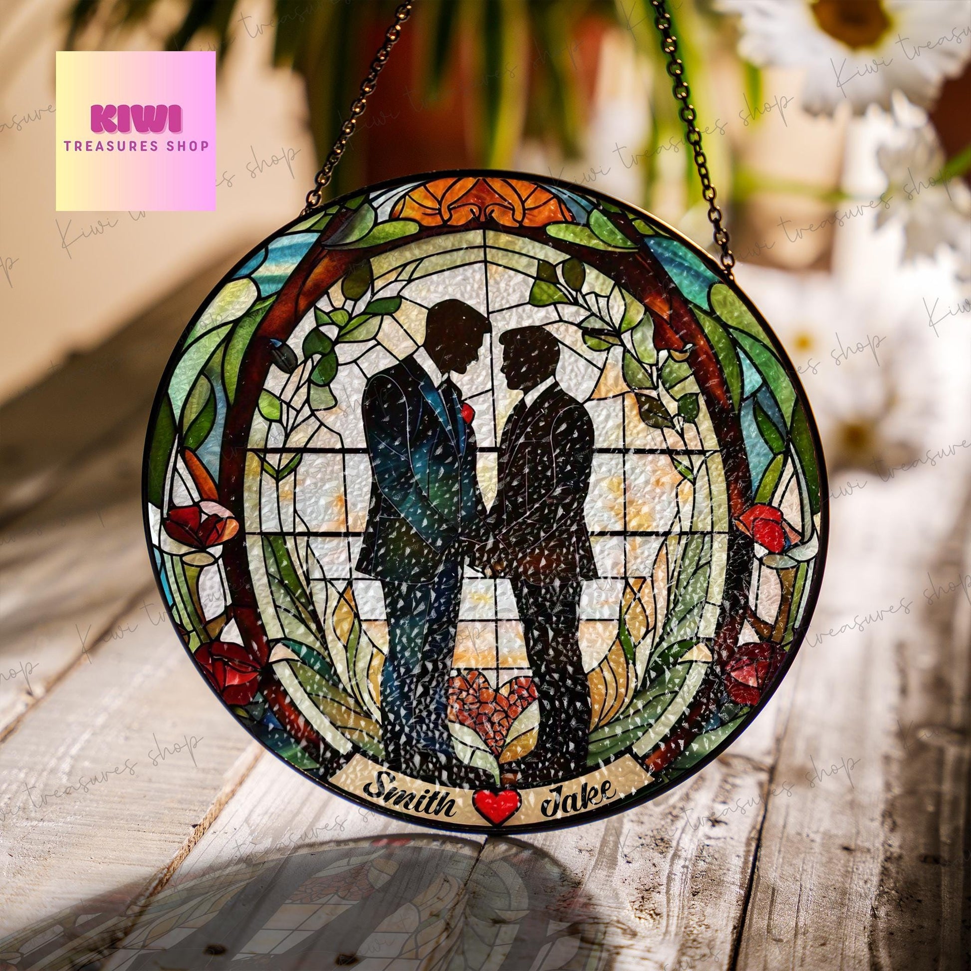 Custom Gay wedding GLASS Suncatcher Hanging, Anniversary couple suncatcher window decor, Valentine Home Wall gift suncatcher, LGBT couple