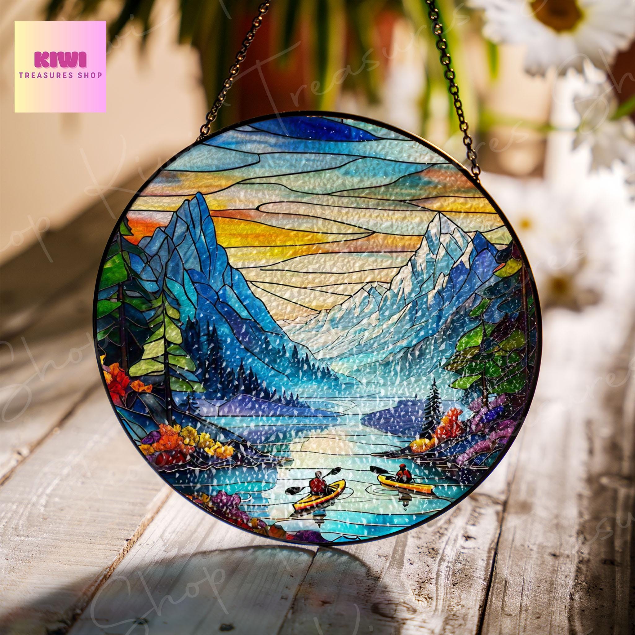 River Kayaking SunCatcher Stunning Kayaking Art Window Hanging Kitchen Decor Landscape home sign, Kayaking lover gift