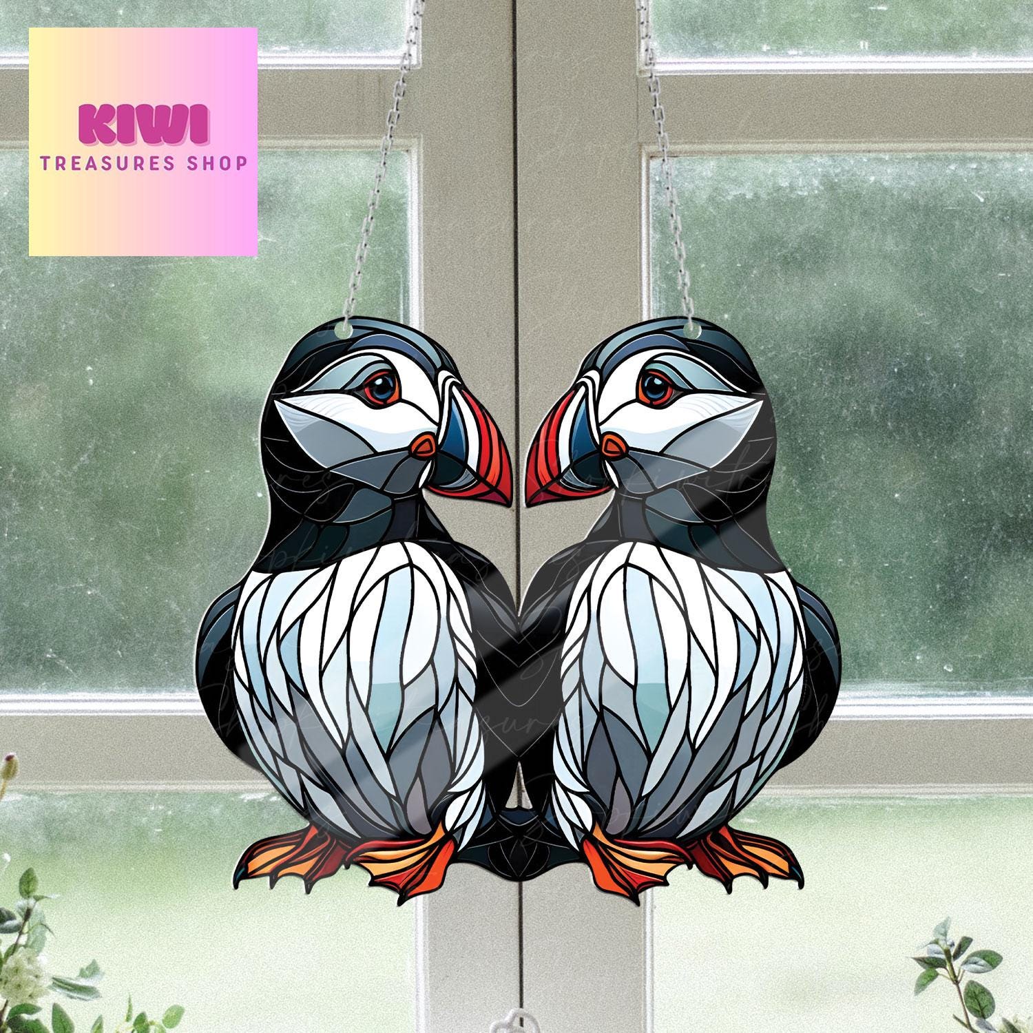 Puffin couple Acrylic Window Hanging, Bird lovers gift, Bird watching gift, Not Suncatcher, puffin animal decor, anniversary gift Valentine