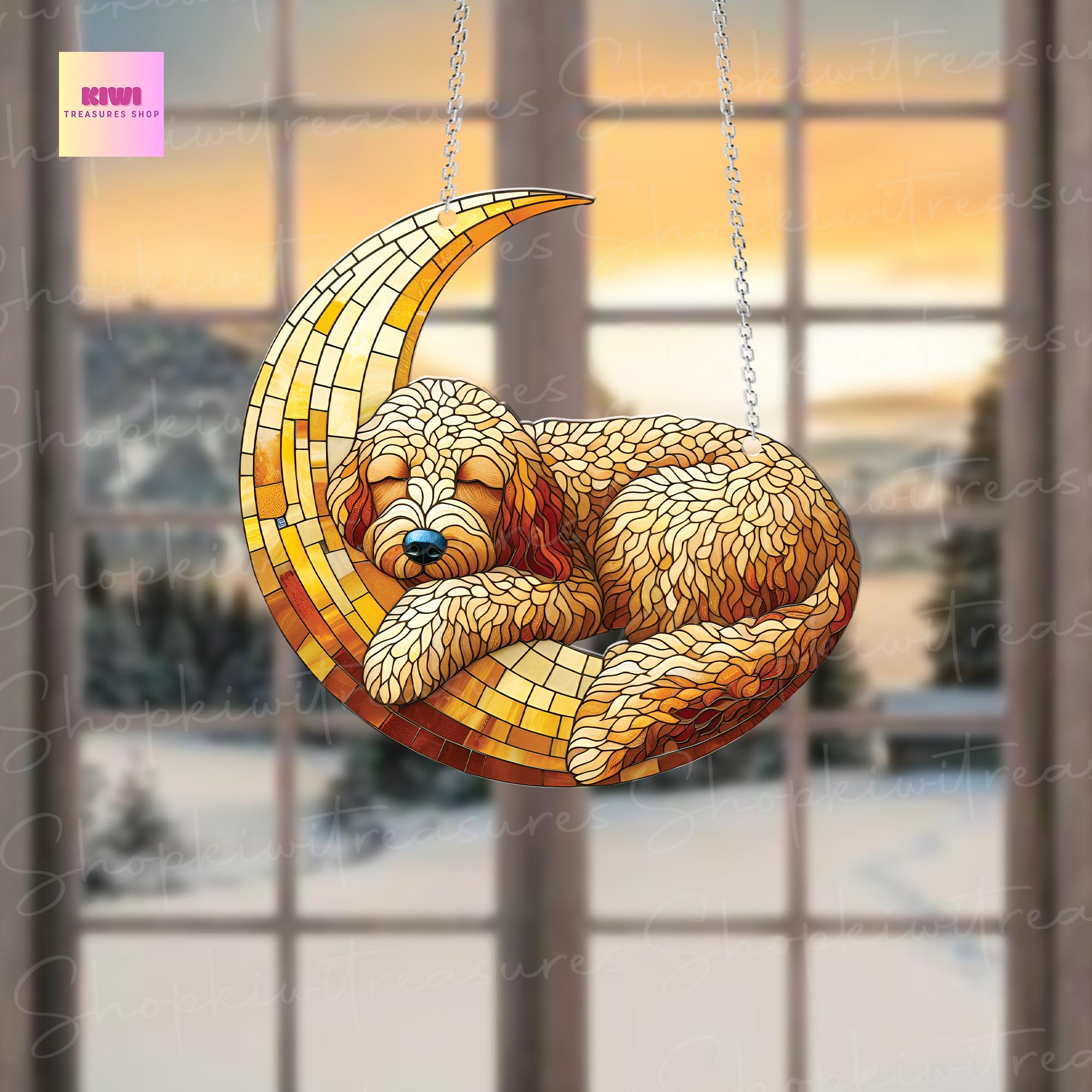 Goldendoodle dog sleep over crescent moon Acrylic Window Hanging, NOT Suncatcher, memorial gift, dog owner gift, not glass
