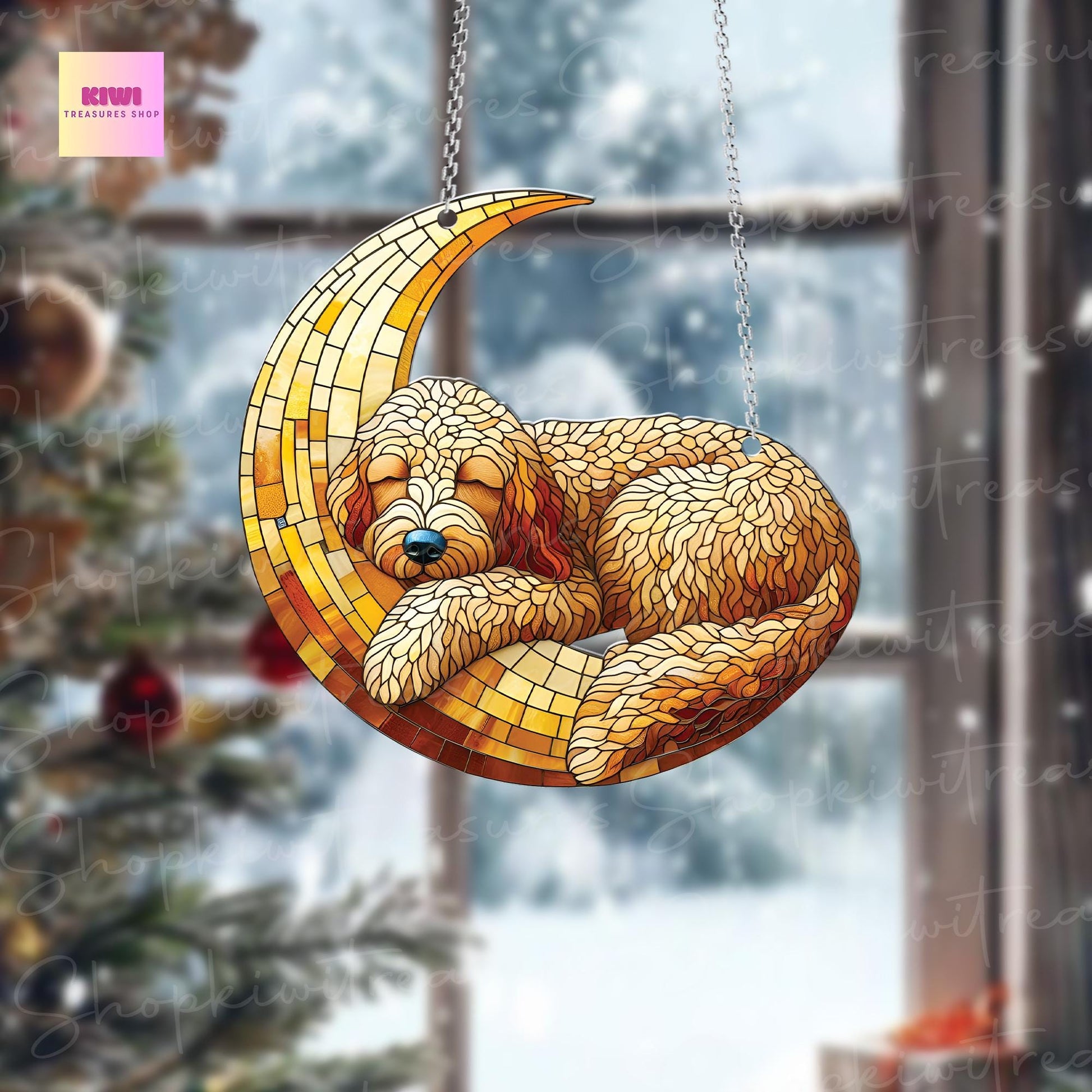 Goldendoodle dog sleep over crescent moon Acrylic Window Hanging, NOT Suncatcher, memorial gift, dog owner gift, not glass