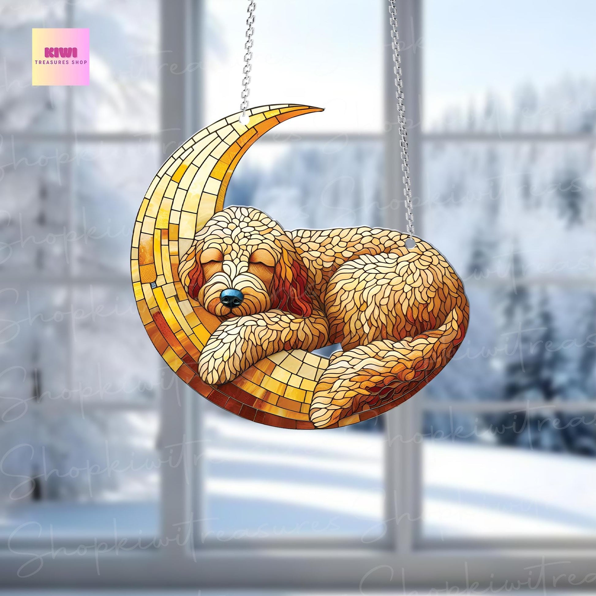 Goldendoodle dog sleep over crescent moon Acrylic Window Hanging, NOT Suncatcher, memorial gift, dog owner gift, not glass