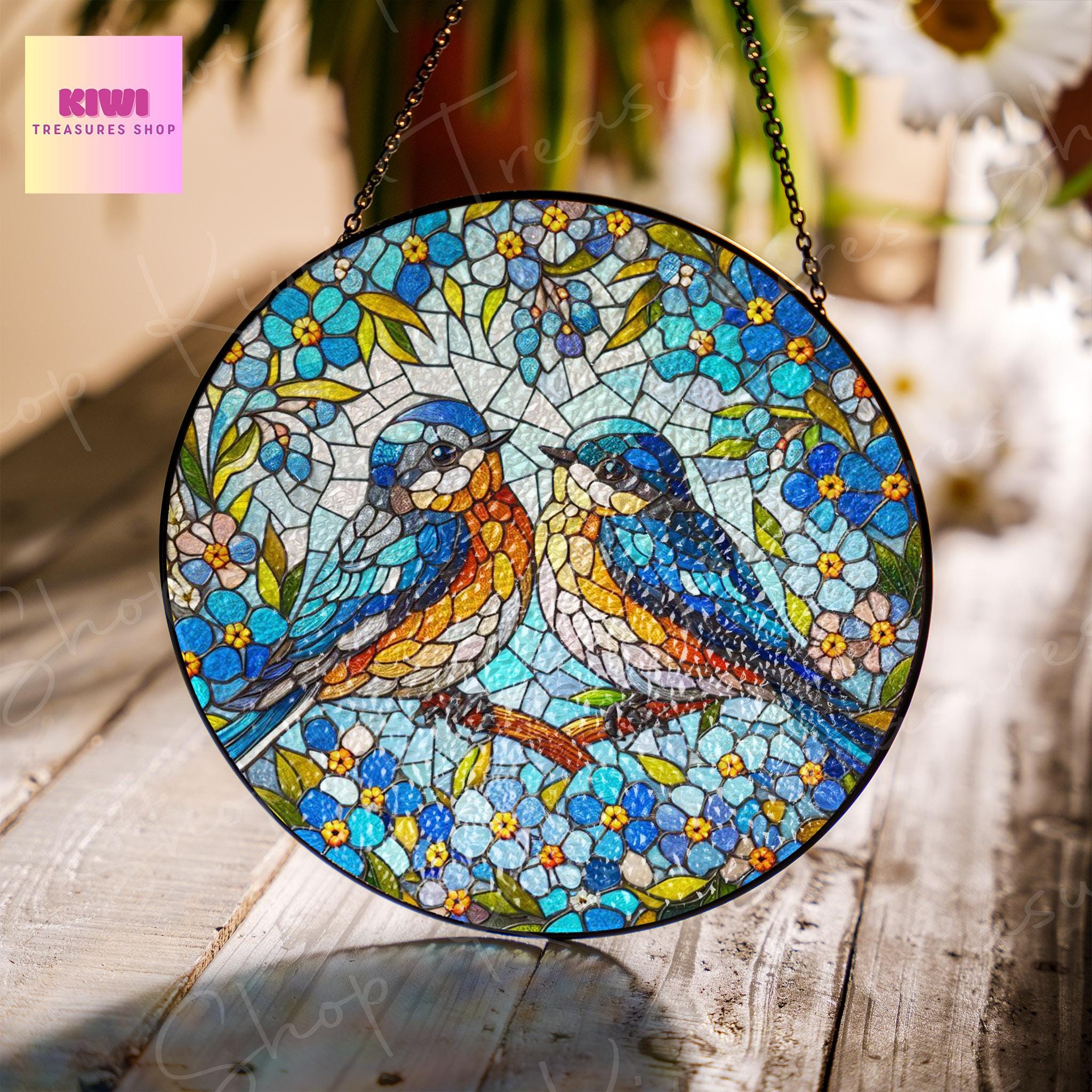 Bluebird couple among forget me not GLASS Suncatcher Hanging, blue bird Window hanging, Suncatcher ornament, Couple gift, Valentine gift