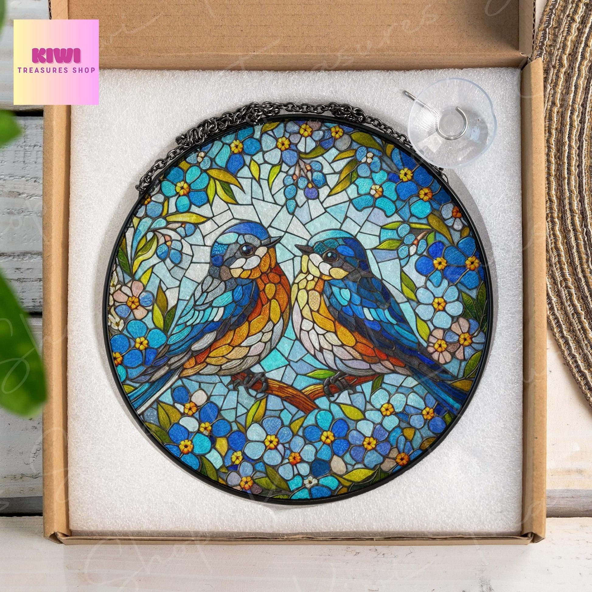 Bluebird couple among forget me not GLASS Suncatcher Hanging, blue bird Window hanging, Suncatcher ornament, Couple gift, Valentine gift