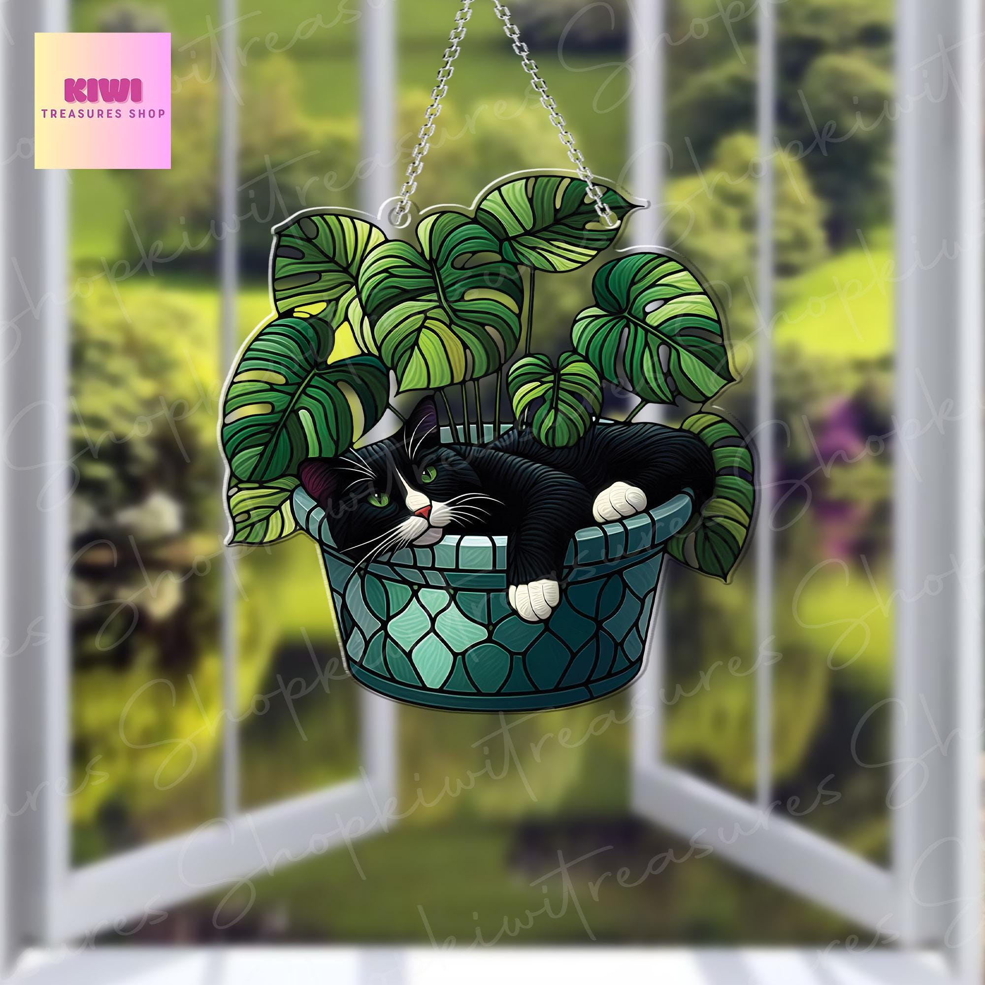 Tuxedo Cat In Pot Of Monstera Leaves ACRYLIC Window Hanging, Funny Cat Decor, Tuxedo Cat Decor, Cat Mom Gift,Gift for Cat Mama,Monstera Gift