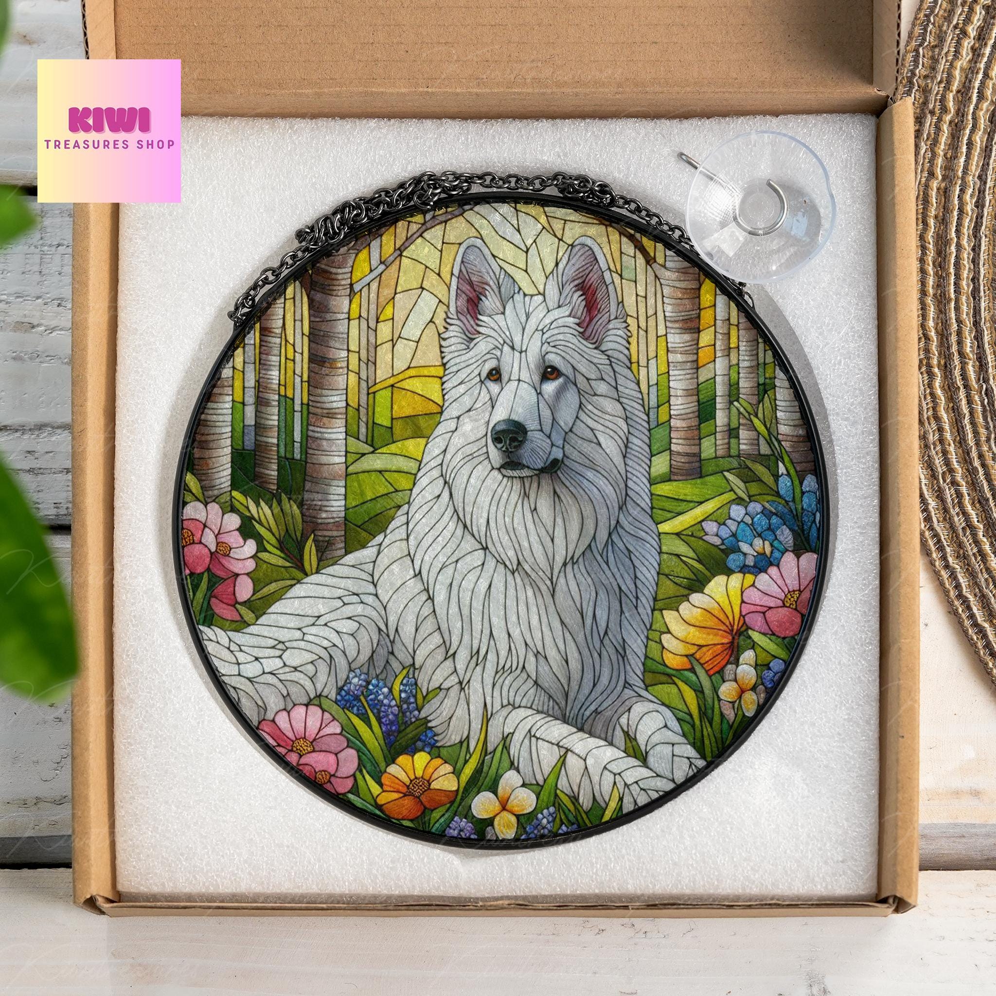 White German shepherd spring forest GLASS Suncatcher Hanging, german shepherd suncatcher window decor, dog mom gift suncatcher hanging