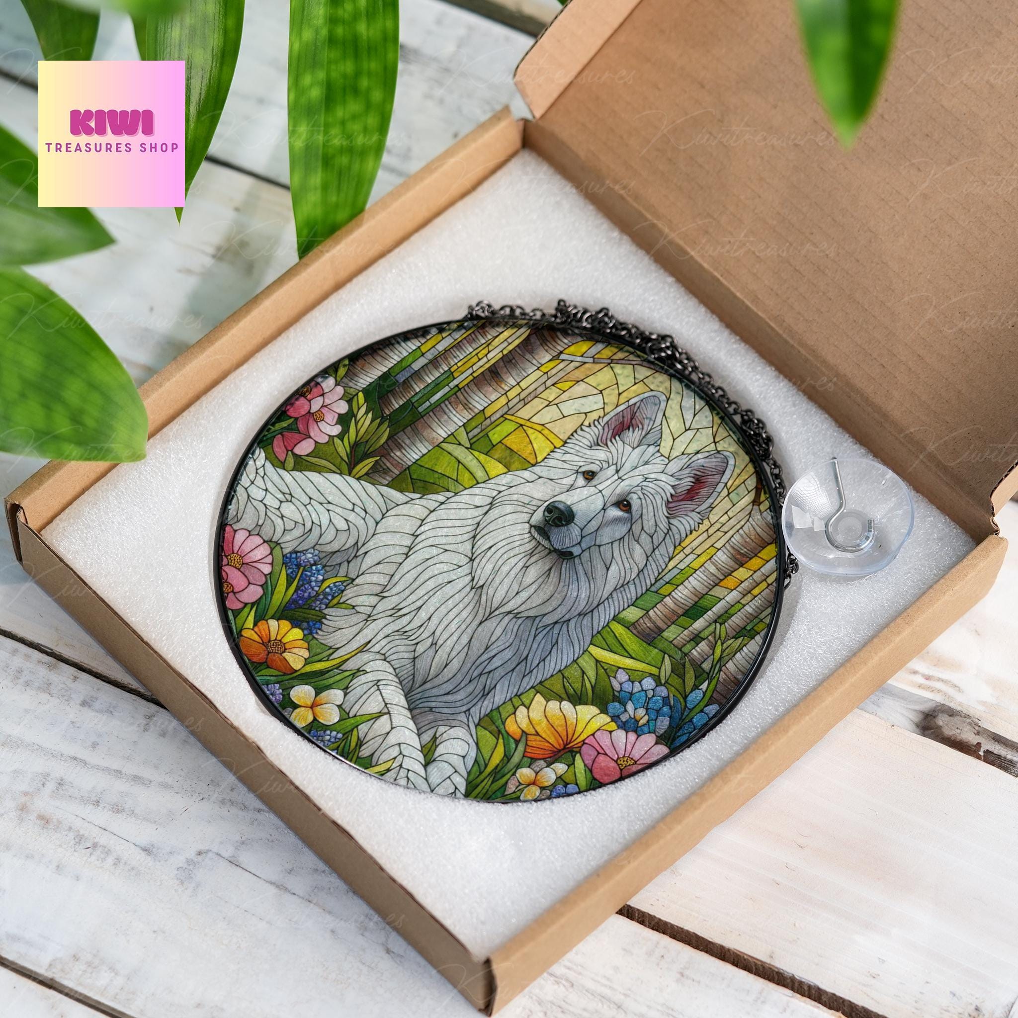 White German shepherd spring forest GLASS Suncatcher Hanging, german shepherd suncatcher window decor, dog mom gift suncatcher hanging