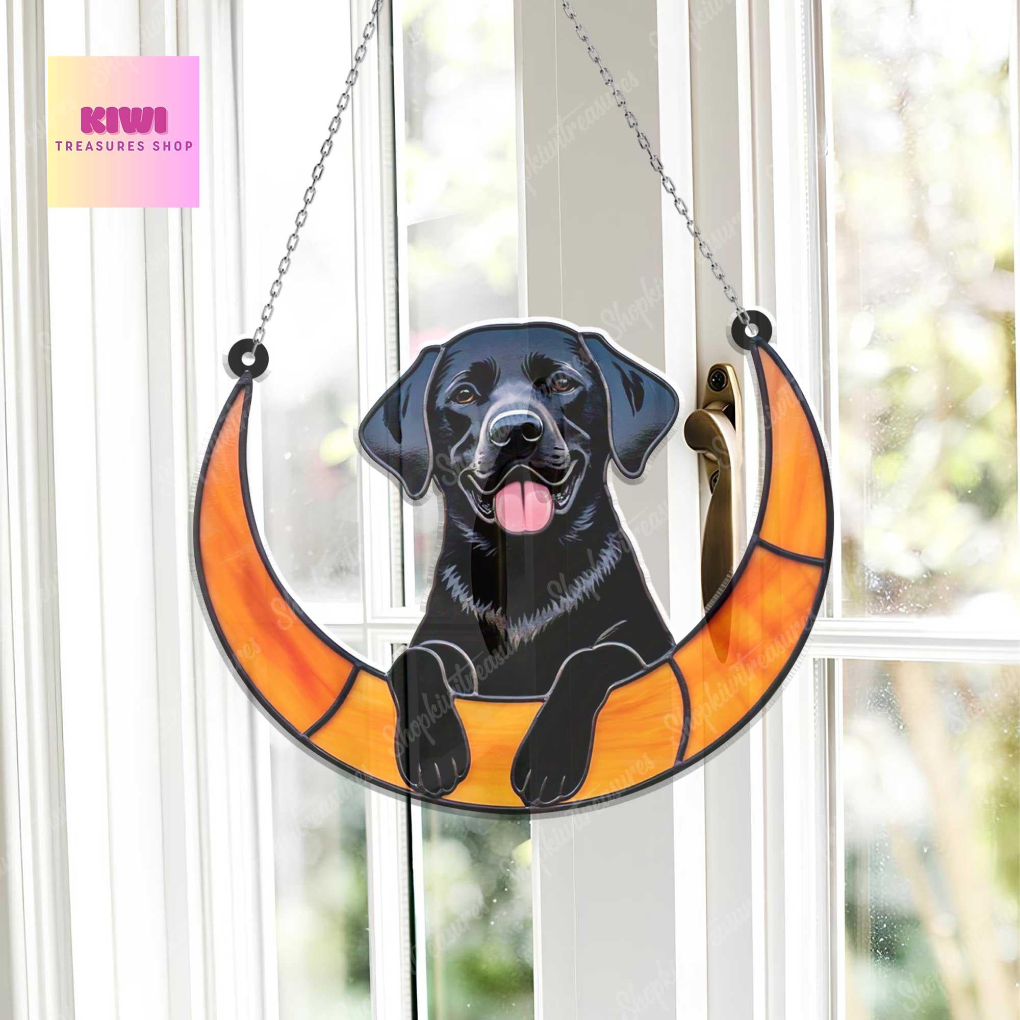 Black labrador on cresent moon Suncatcher acrylic Ornament, labrador dog ornament window decor,  NOT glass, dog mom gift, labrador retriever