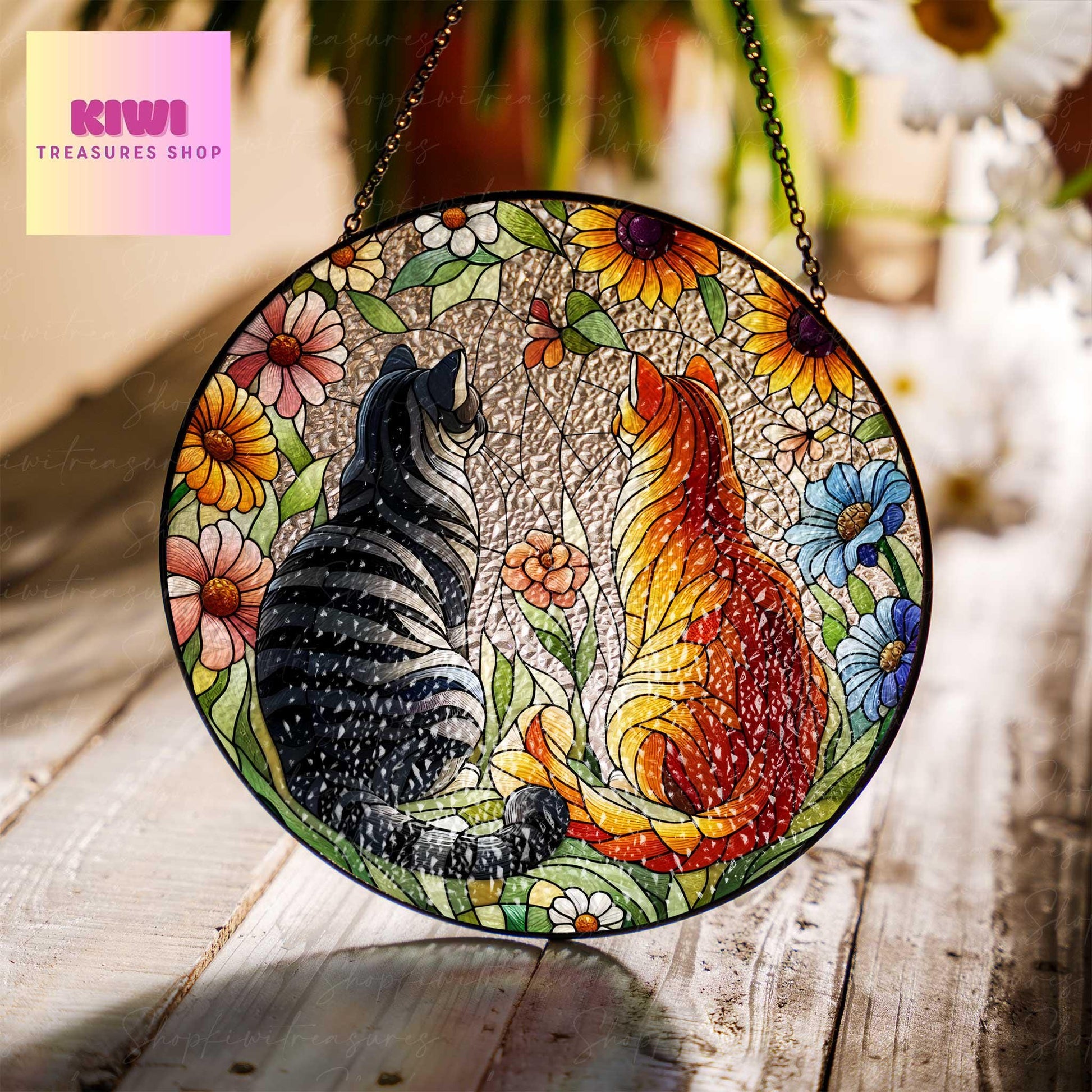 2 cats among wildflowers GLASS Window Hanging, Couple idea gift Glass suncatcher, kitchen decor, couple anniversary gift, Valentine gift