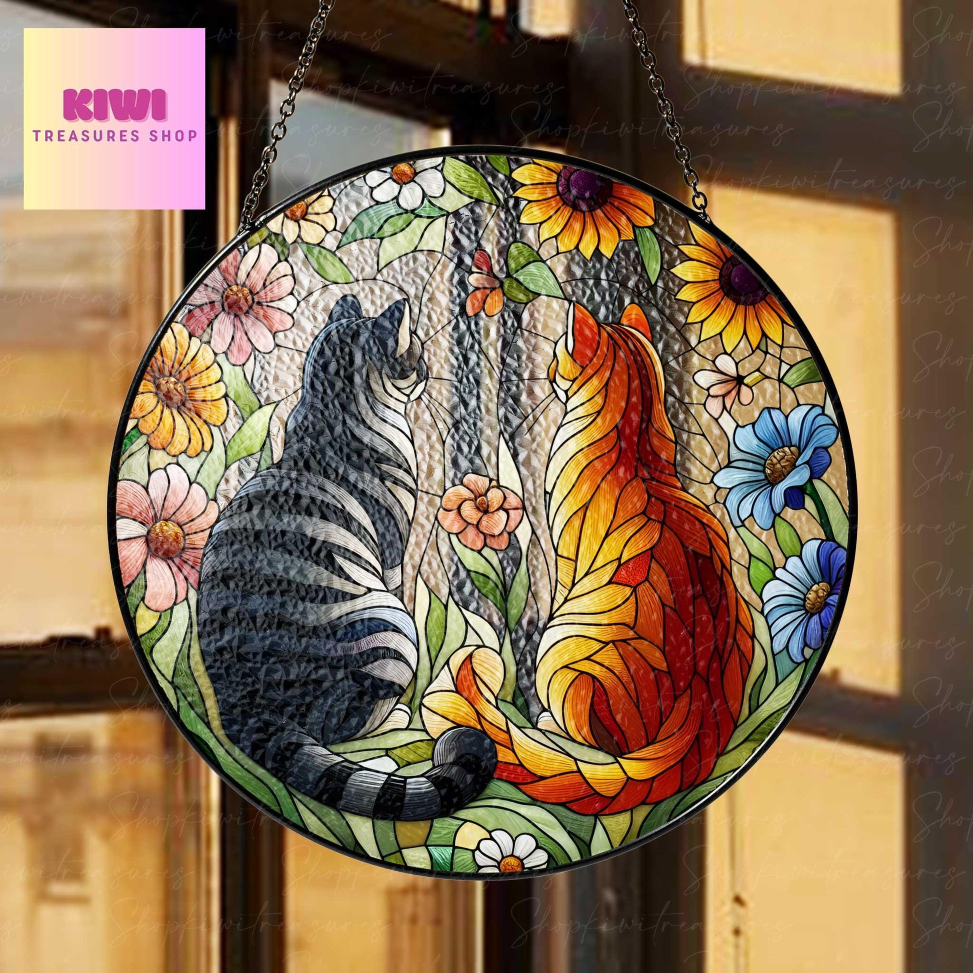 2 cats among wildflowers GLASS Window Hanging, Couple idea gift Glass suncatcher, kitchen decor, couple anniversary gift, Valentine gift