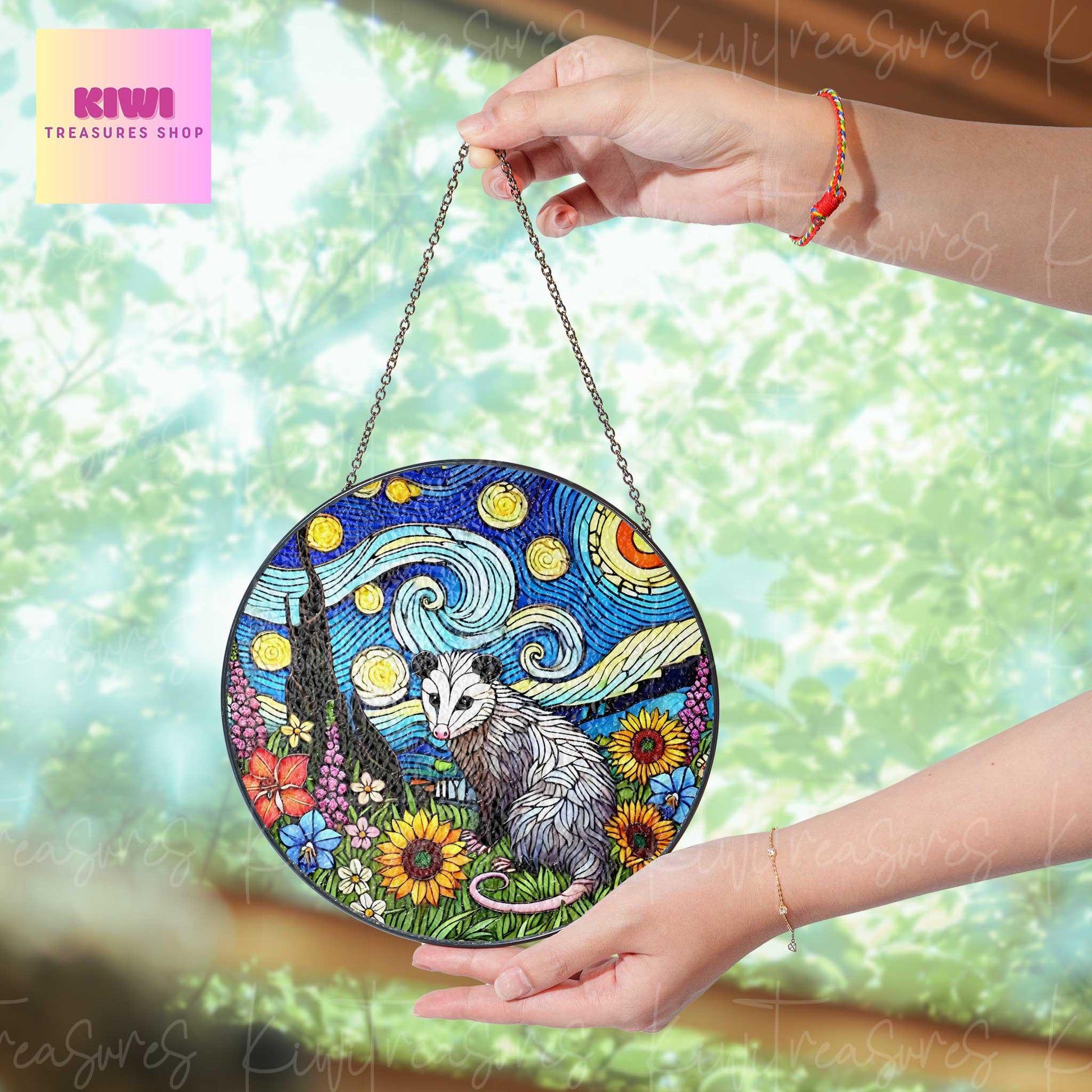 Opossum and wildflowers starry night GLASS Suncatcher Hanging, Cute opossum, opossum suncatcher hanging, opossum window hanging