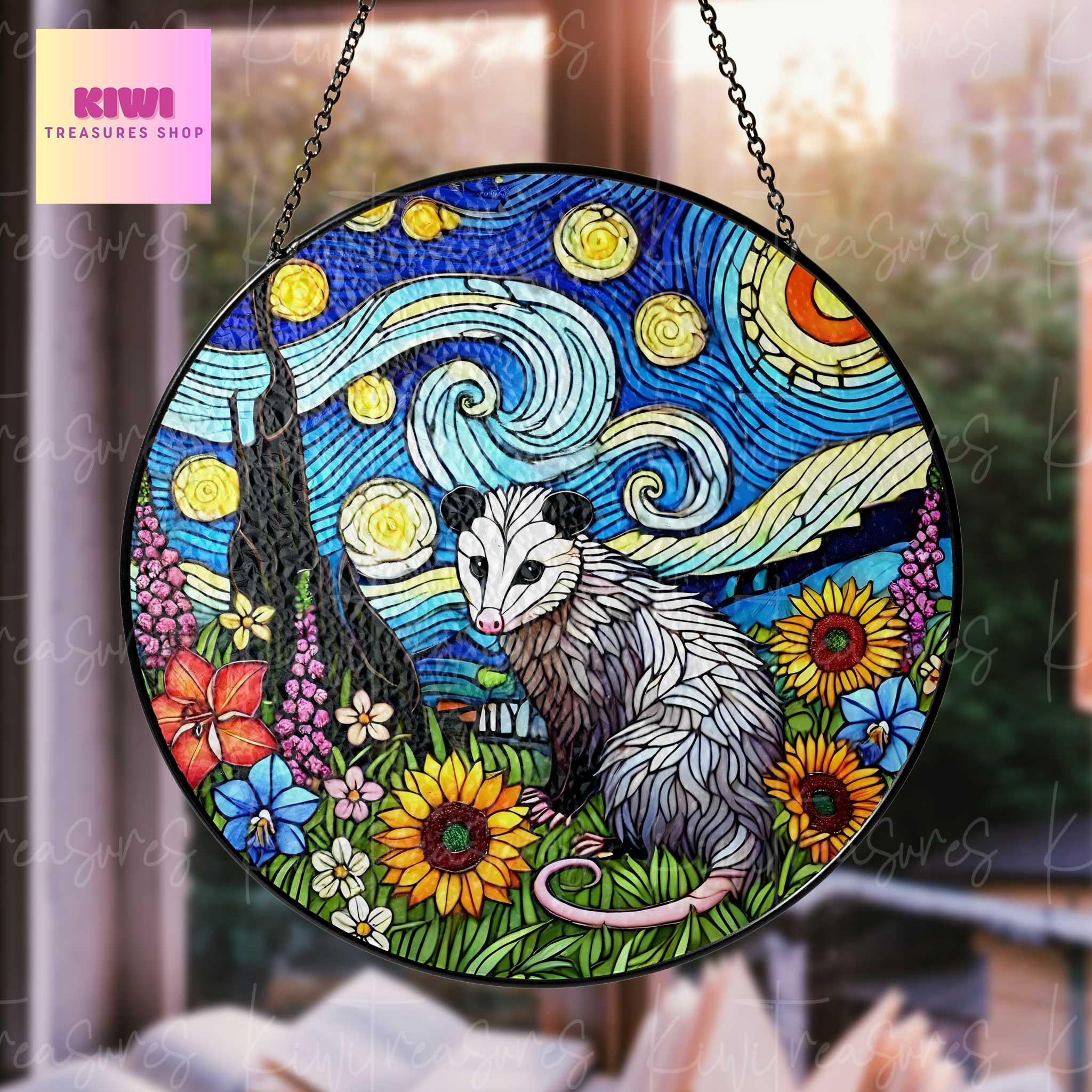 Opossum and wildflowers starry night GLASS Suncatcher Hanging, Cute opossum, opossum suncatcher hanging, opossum window hanging