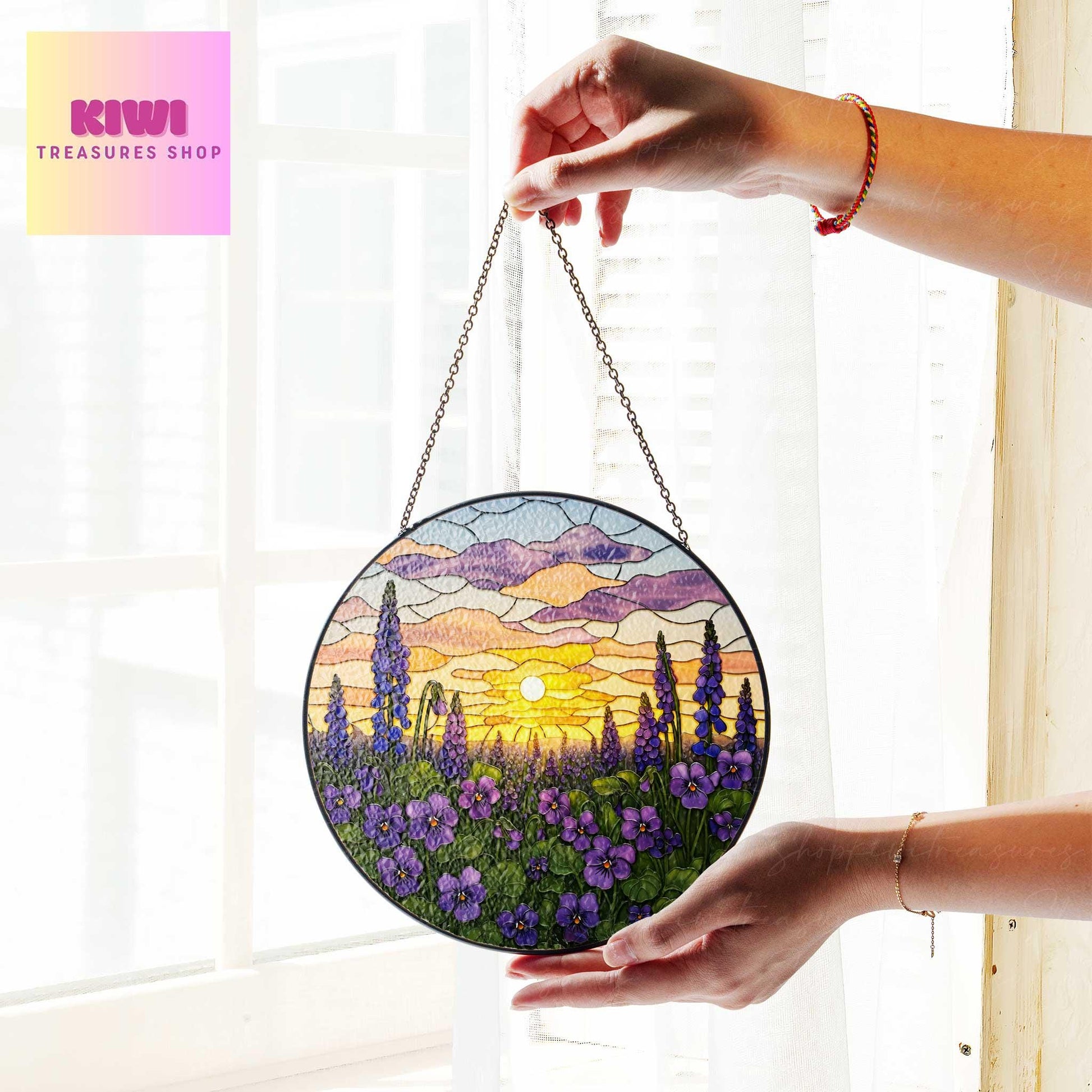 Violet Flower field sunset GLASS Suncatcher Hanging, Birth Month Flower glass, Window hanging, Suncatcher ornament, Mother's day gift 2025