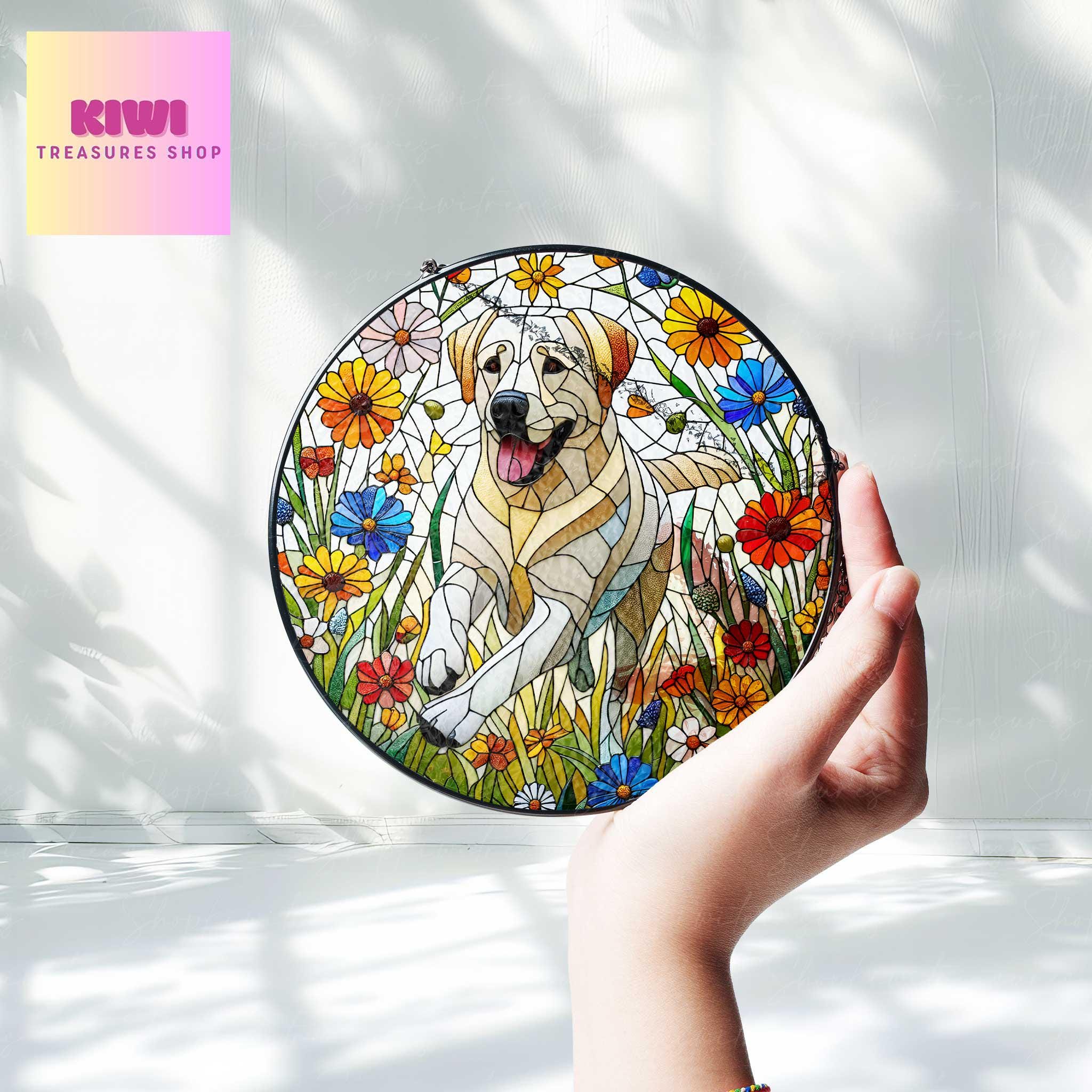 Labrador Retriever running among wildflowers GLASS Suncatcher Hanging, Dog suncatcher, labrador mom gift,housewarming gift