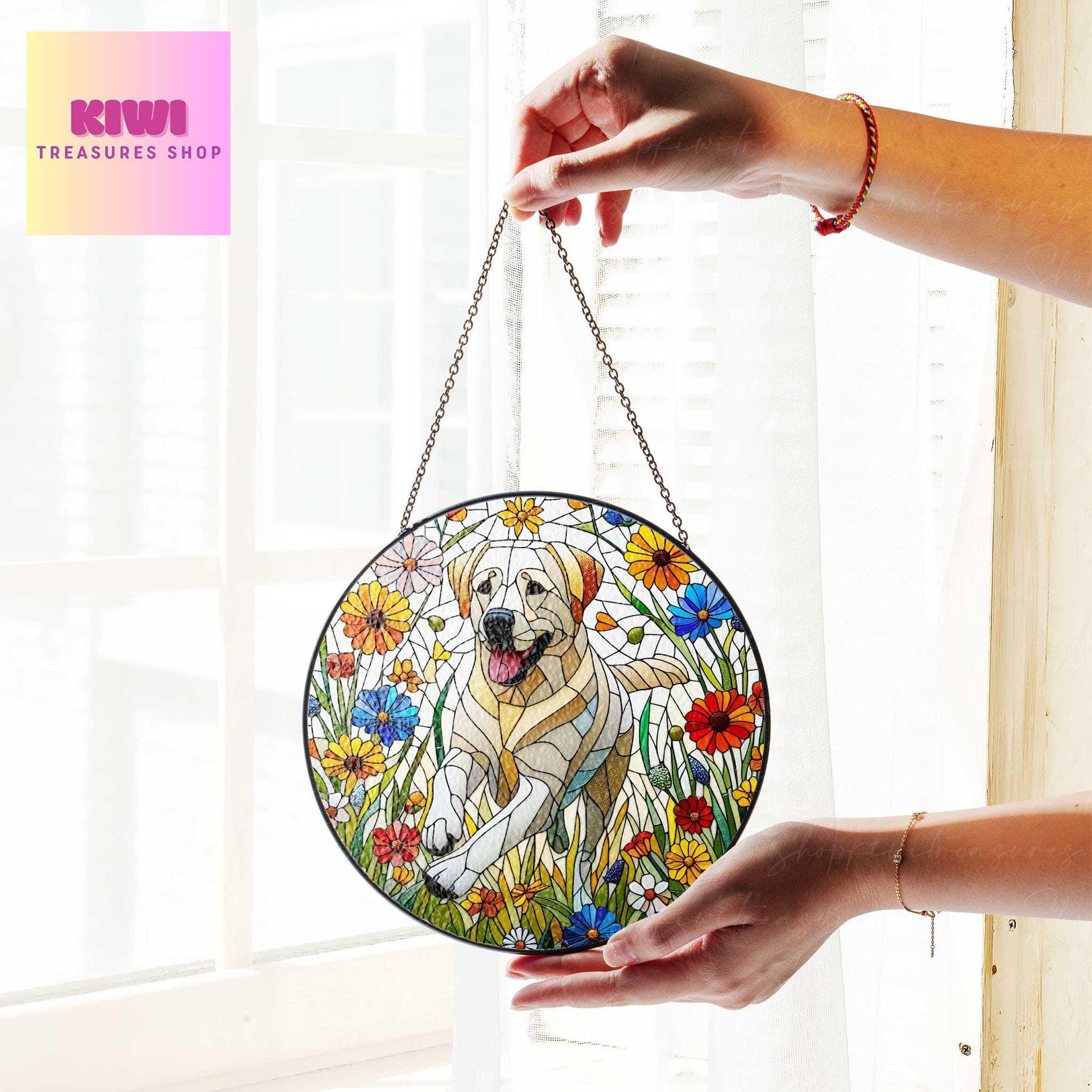 Labrador Retriever running among wildflowers GLASS Suncatcher Hanging, Dog suncatcher, labrador mom gift,housewarming gift
