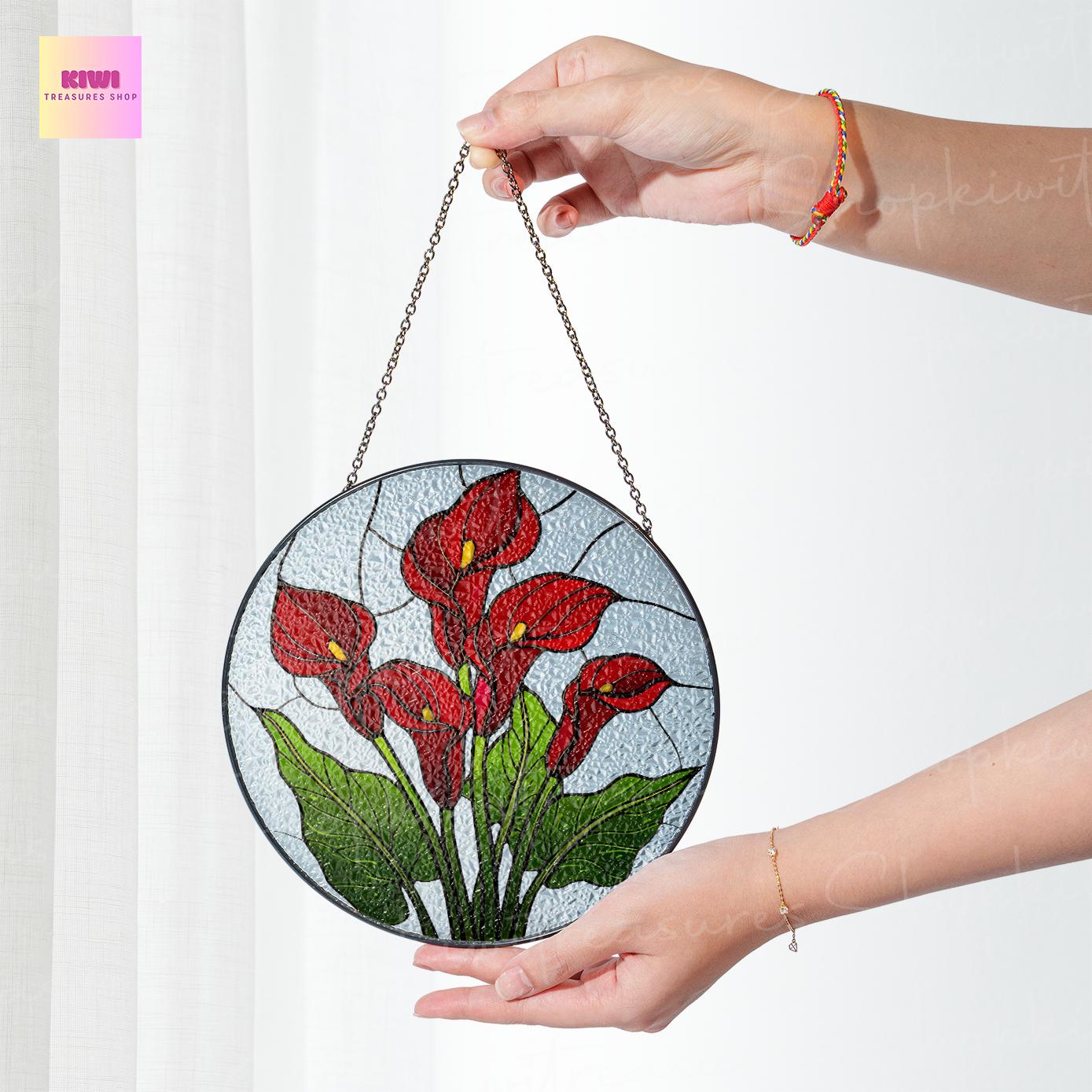Birth Flower GLASS Suncatcher, Red Calla Lily Flower Suncatcher, Calla Lily Lover Decor, Flower Lover Gift,Mother's Day Decor,Gift For Mom