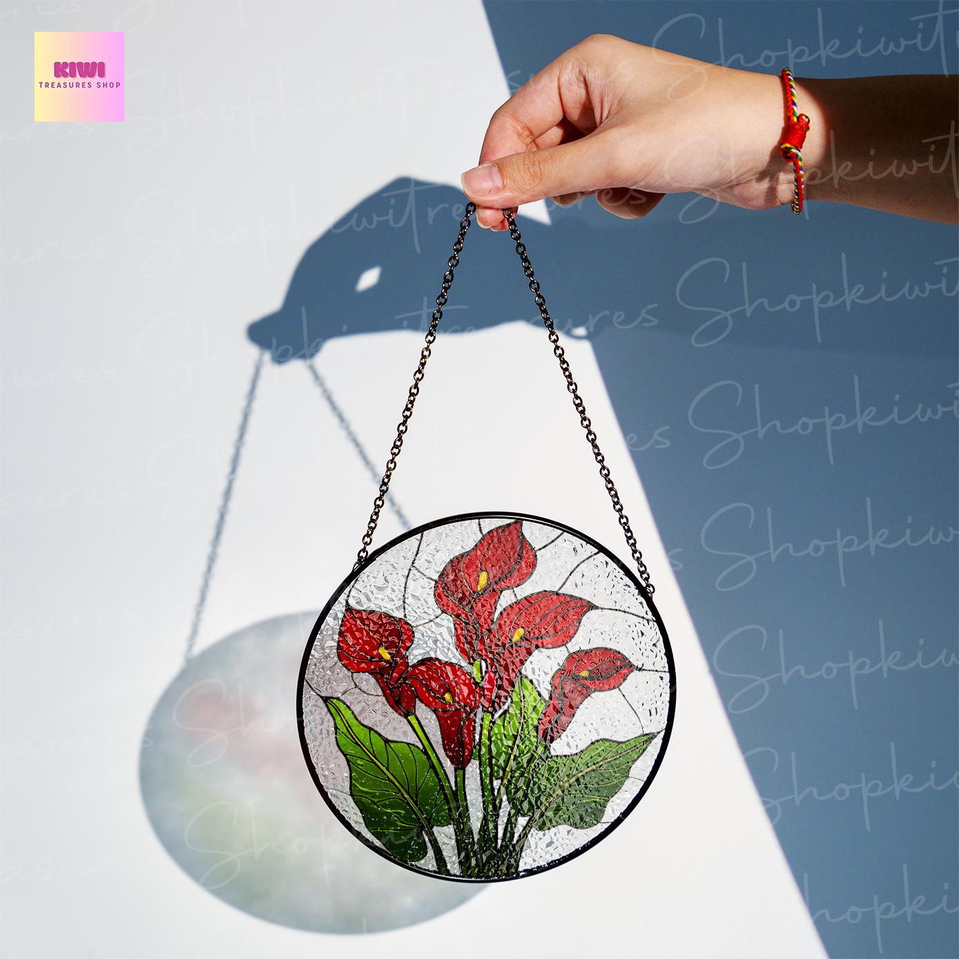 Birth Flower GLASS Suncatcher, Red Calla Lily Flower Suncatcher, Calla Lily Lover Decor, Flower Lover Gift,Mother's Day Decor,Gift For Mom
