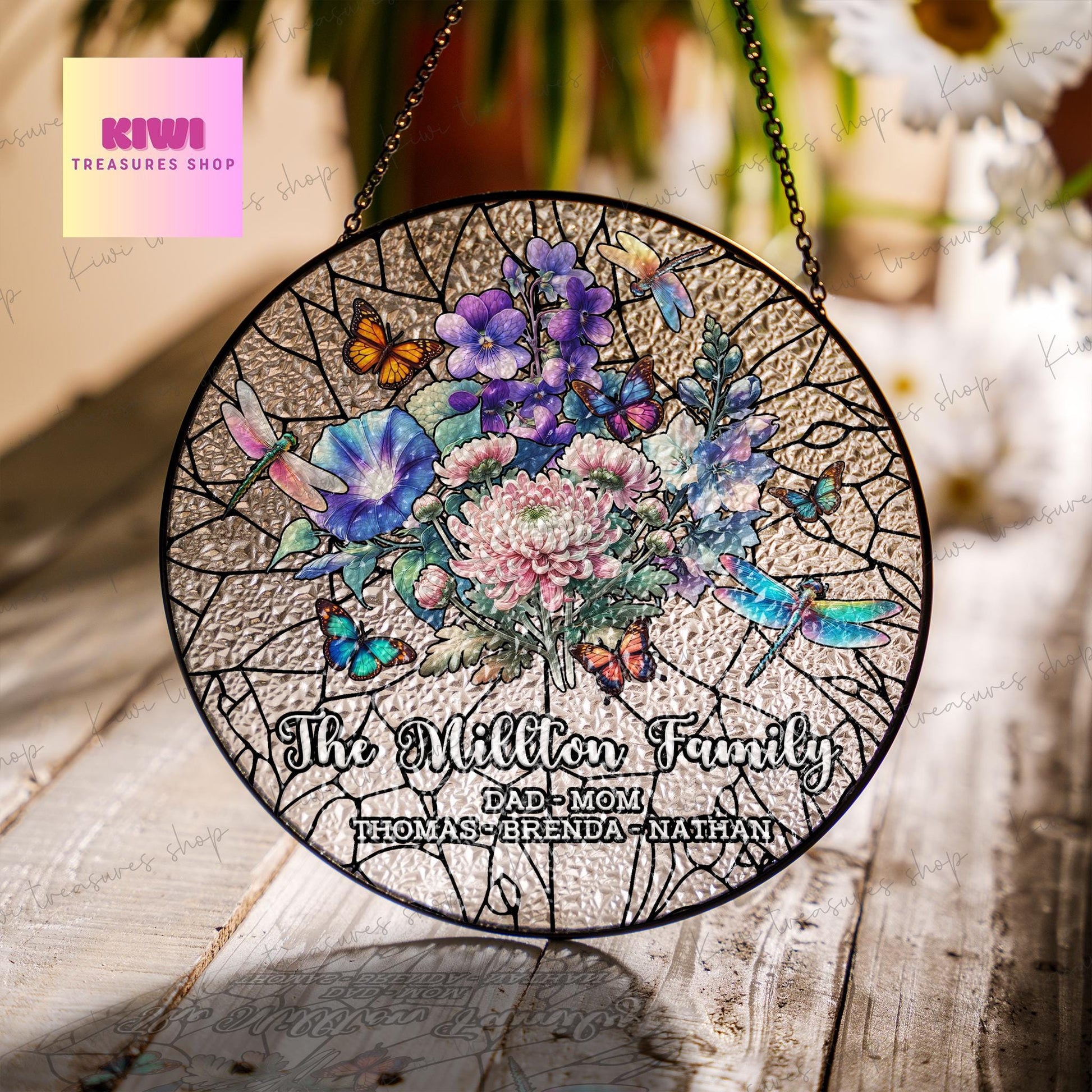 Personalized Birth Month Flowers Family Garden Glass Suncatcher, Birth Flower Bouquet Glass Ornament For Mom Nana, Custom Bouquet flowers