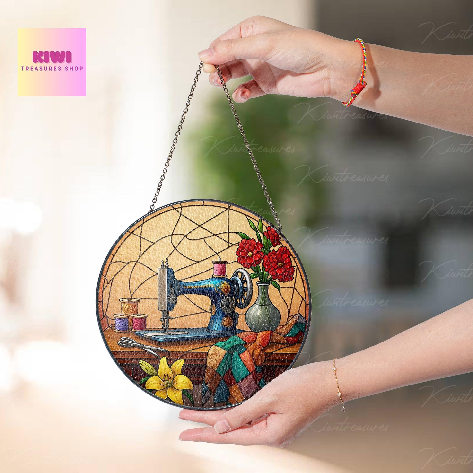 Sewing Machine GLASS Suncatcher Hanging, Sewing Suncatcher Ornament, Perfect Gift for Sewers, Quilters and Tailors