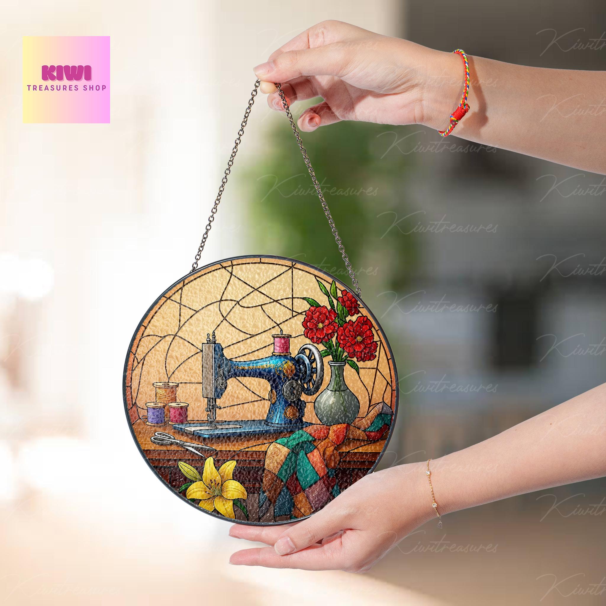 Sewing Machine GLASS Suncatcher Hanging, Sewing Suncatcher Ornament, Perfect Gift for Sewers, Quilters and Tailors