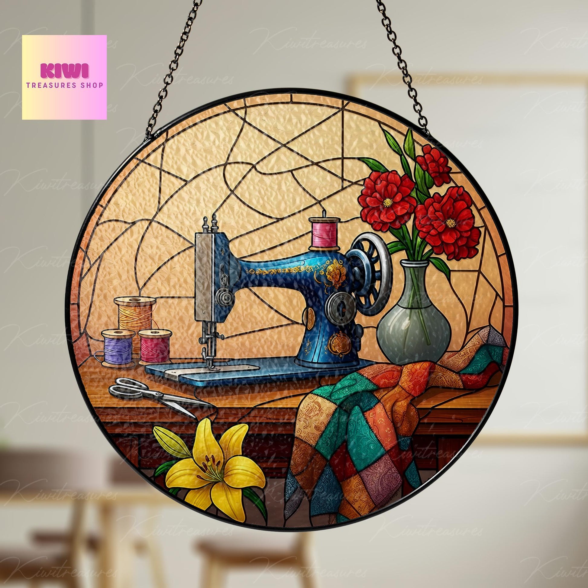 Sewing Machine GLASS Suncatcher Hanging, Sewing Suncatcher Ornament, Perfect Gift for Sewers, Quilters and Tailors