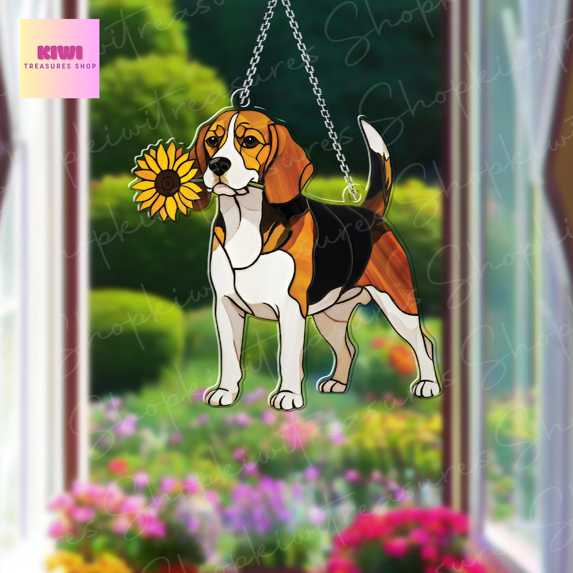 Beagle With Sunflower ACRYLIC Window Hanging, Dog Window Hanging, Beagle Lover Decor, Beagle Mom Decor, Dog LOver Gift, Funny Dog Decor