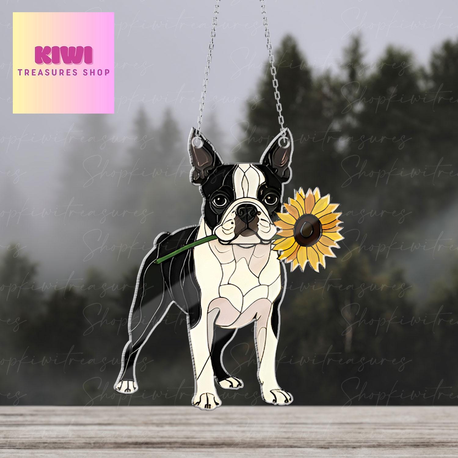 Boston Terrier With Sunflower ACRYLIC Window Hanging, Dog Window Hanging, Boston Terrier Lover Decor, Dog Mom Decor,Dog Lover Gift,Funny Dog