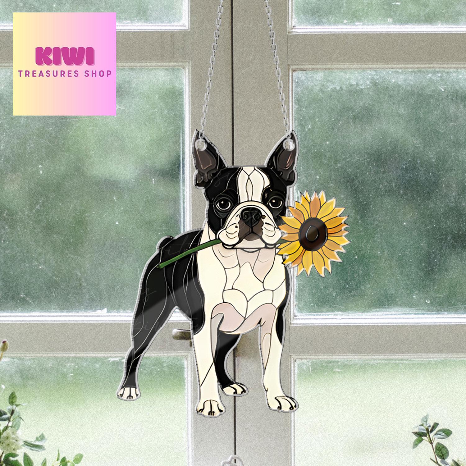 Boston Terrier With Sunflower ACRYLIC Window Hanging, Dog Window Hanging, Boston Terrier Lover Decor, Dog Mom Decor,Dog Lover Gift,Funny Dog
