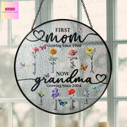 Personalized Birth Month Flowers Mom Grandma Garden Glass Suncatcher, Birth Flower Glass Ornament 1st mom now grandma, Bouquet flowers Decor