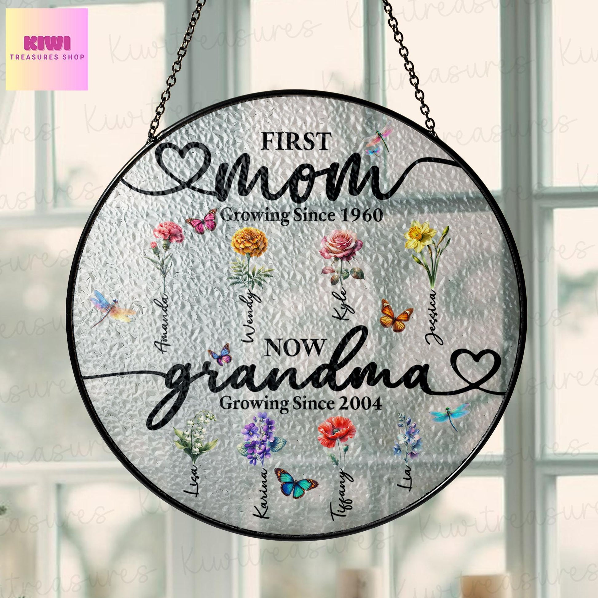 Personalized Birth Month Flowers Mom Grandma Garden Glass Suncatcher, Birth Flower Glass Ornament 1st mom now grandma, Bouquet flowers Decor