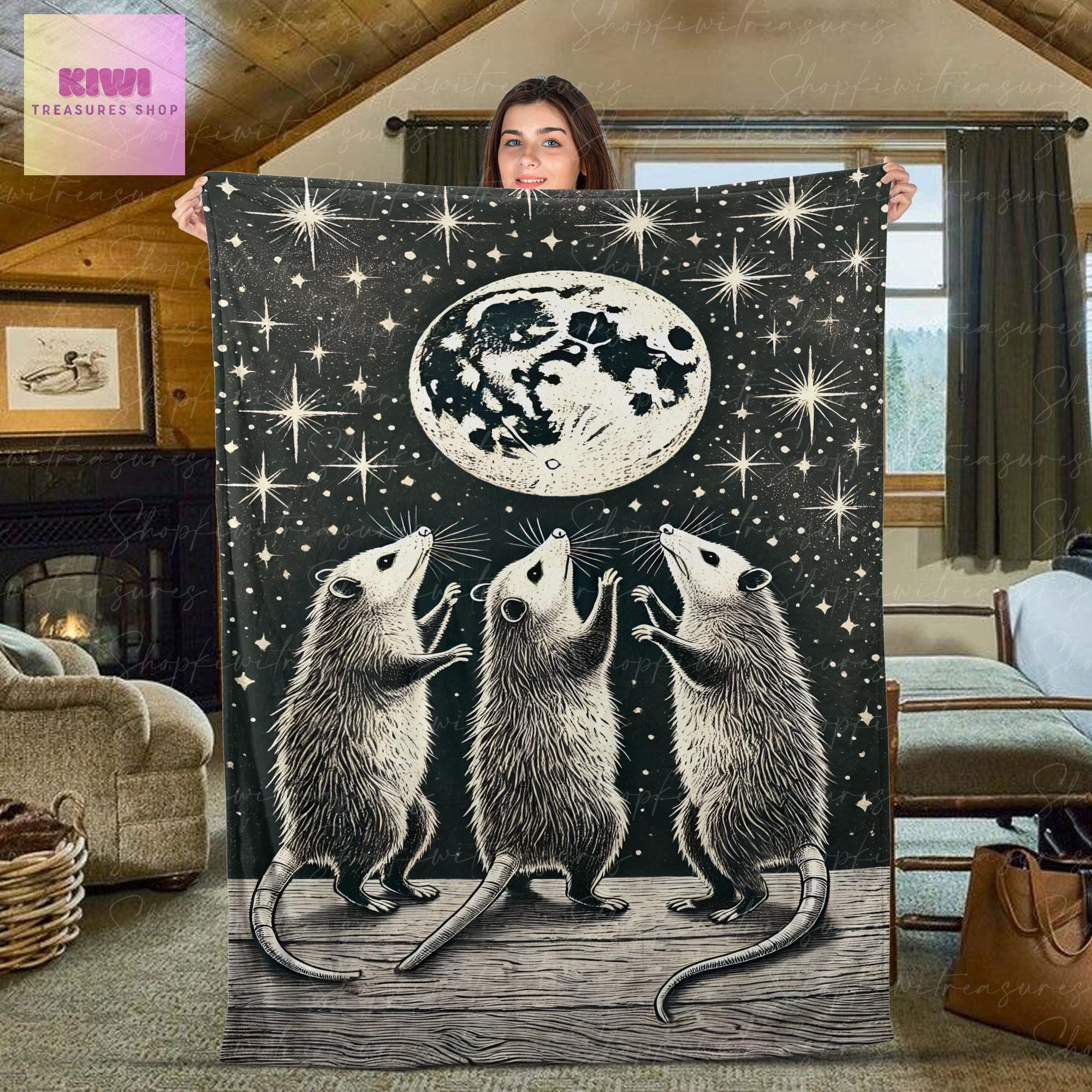 Feral opossum howling at moon night Blanket, Funny Trash animal Fleece Blanket, Unique Gifts for opossum Lovers, Cute possum bedroom decor