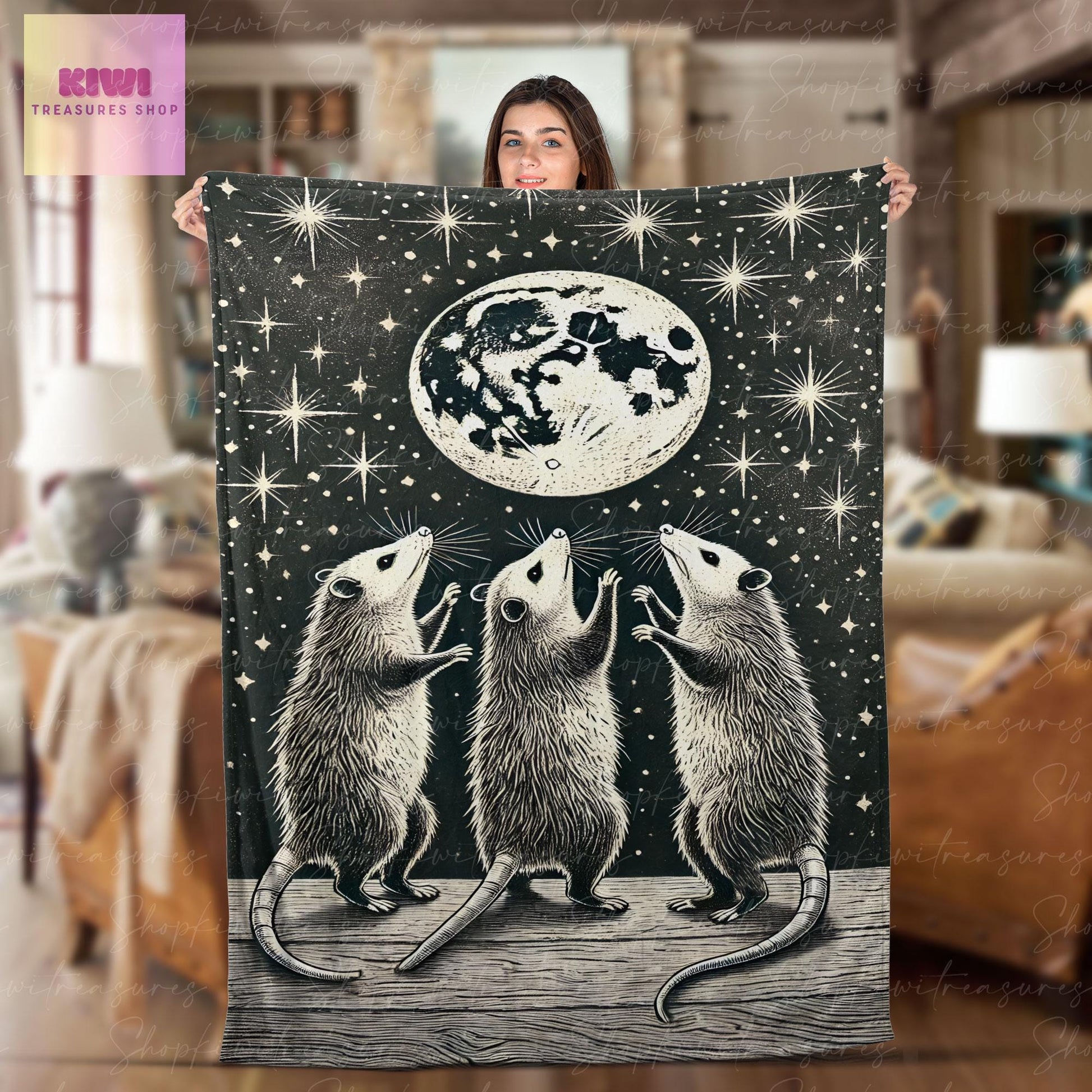 Feral opossum howling at moon night Blanket, Funny Trash animal Fleece Blanket, Unique Gifts for opossum Lovers, Cute possum bedroom decor