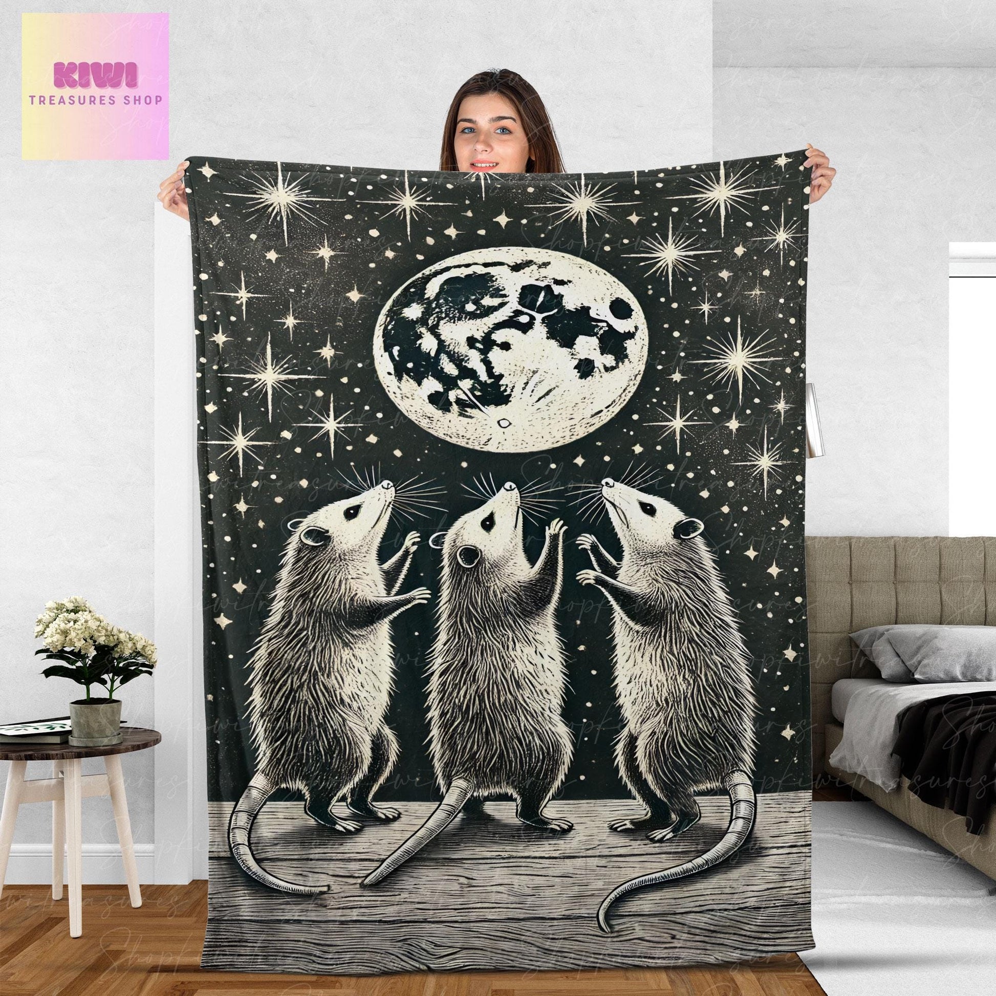 Feral opossum howling at moon night Blanket, Funny Trash animal Fleece Blanket, Unique Gifts for opossum Lovers, Cute possum bedroom decor