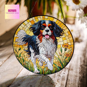 Tricolor Cavalier King and Wildflower GLASS Suncatcher Hanging, Cavalier King Charles Spaniel Suncatcher Ornament, Dog Lovers, Memorial Gift