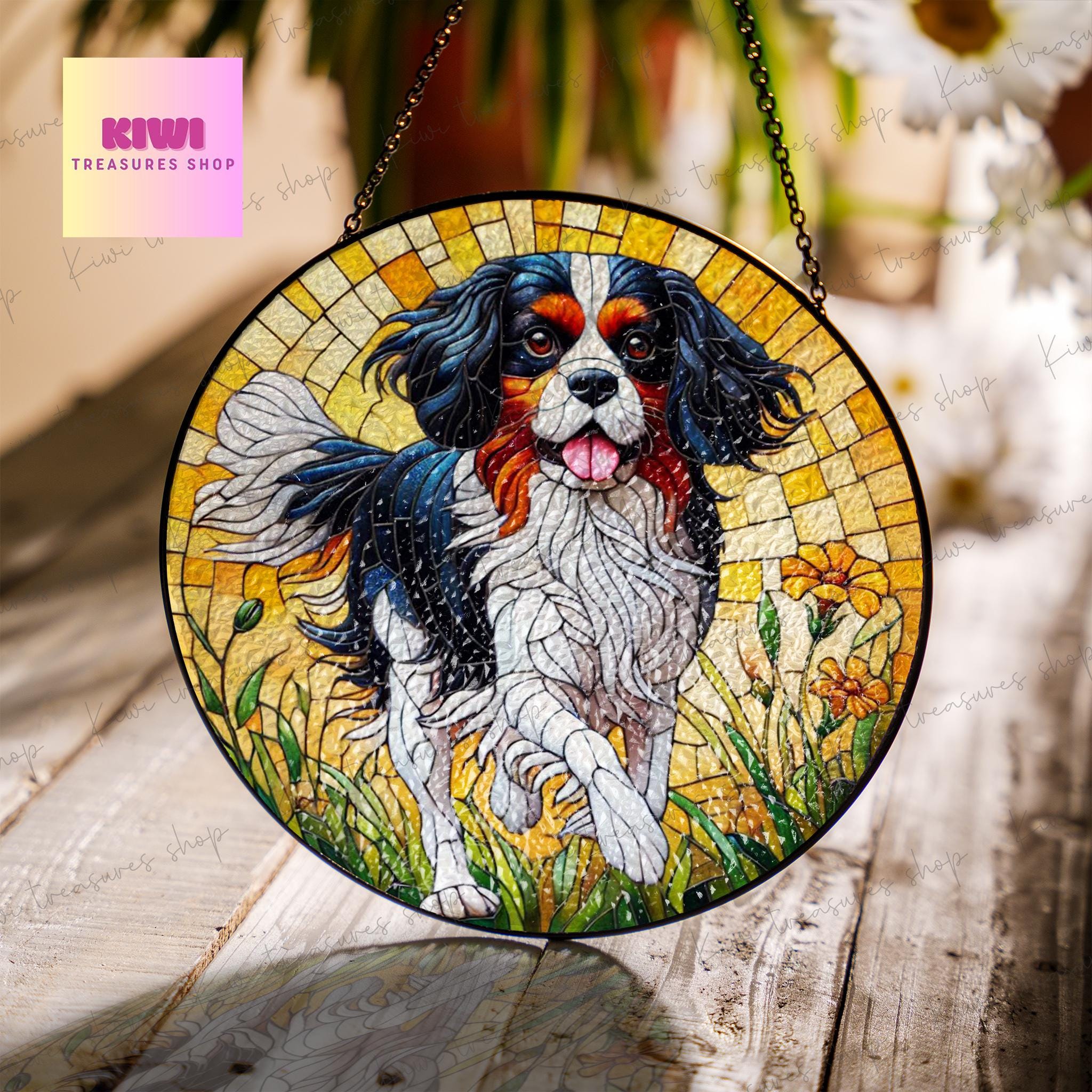 Tricolor Cavalier King and Wildflower GLASS Suncatcher Hanging, Cavalier King Charles Spaniel Suncatcher Ornament, Dog Lovers, Memorial Gift