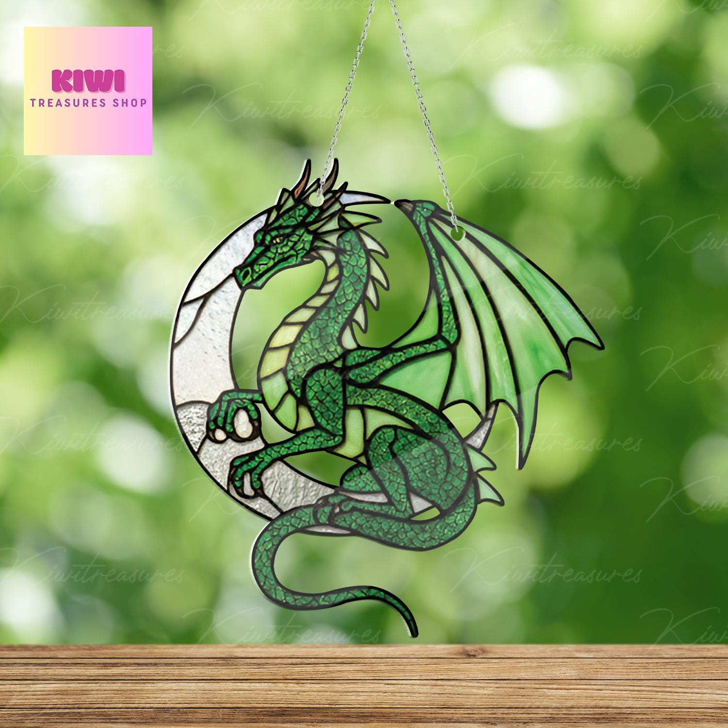 Majestic Green Dragon On Crescent Moon ACRYLIC Window Hanging, Green Dragon Lover Decor, Dragon Lover Gift, Dragon Window Decor,Gift For Her