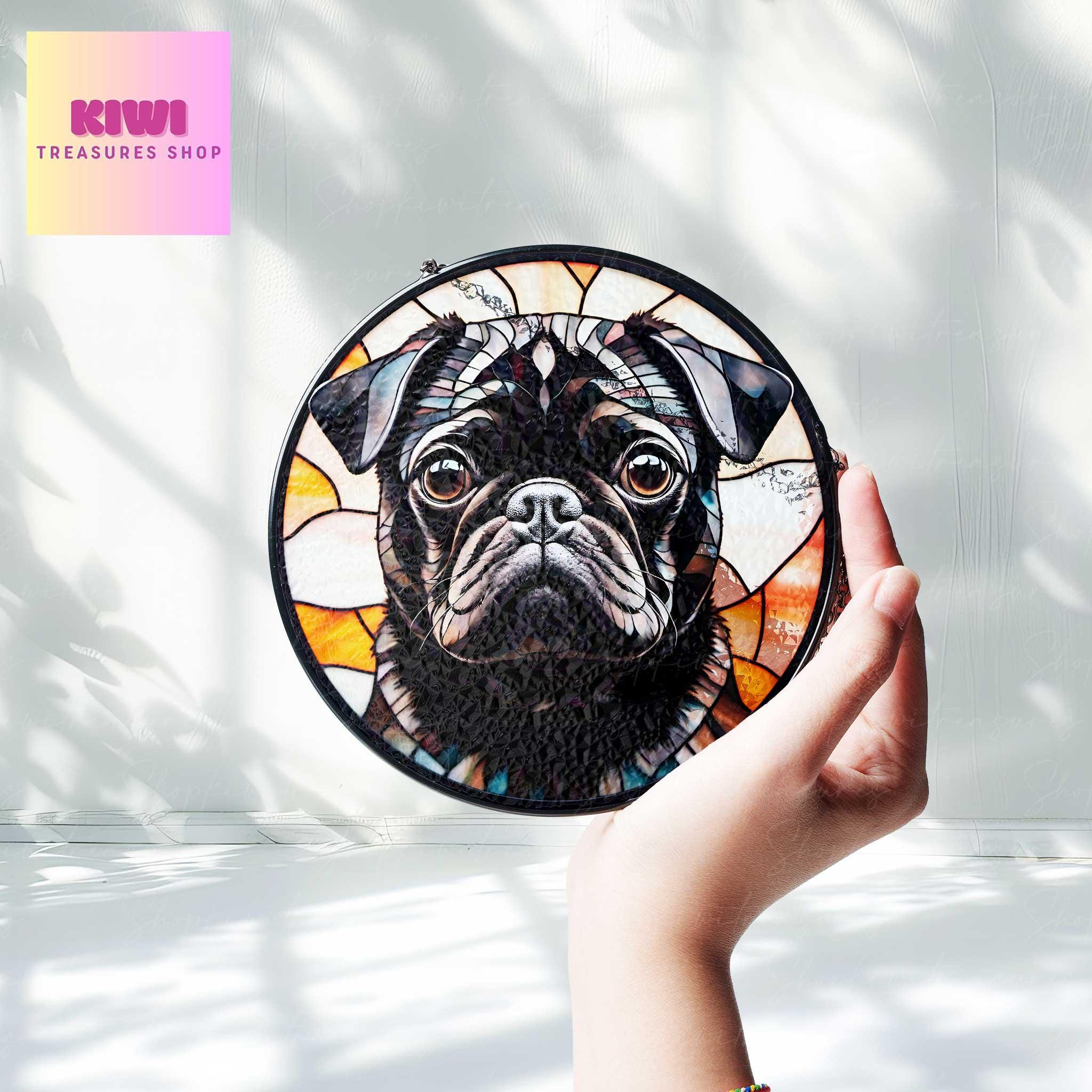 Black Pug Potrait  GLASS Suncatcher Hanging, Pug mom gift, Pug dog suncatcher hanging, Dog window hanging, remembrance gift