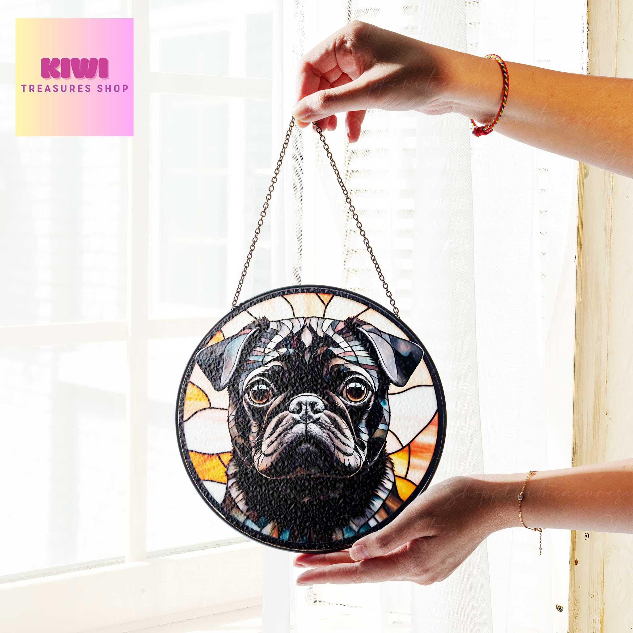 Black Pug Potrait  GLASS Suncatcher Hanging, Pug mom gift, Pug dog suncatcher hanging, Dog window hanging, remembrance gift