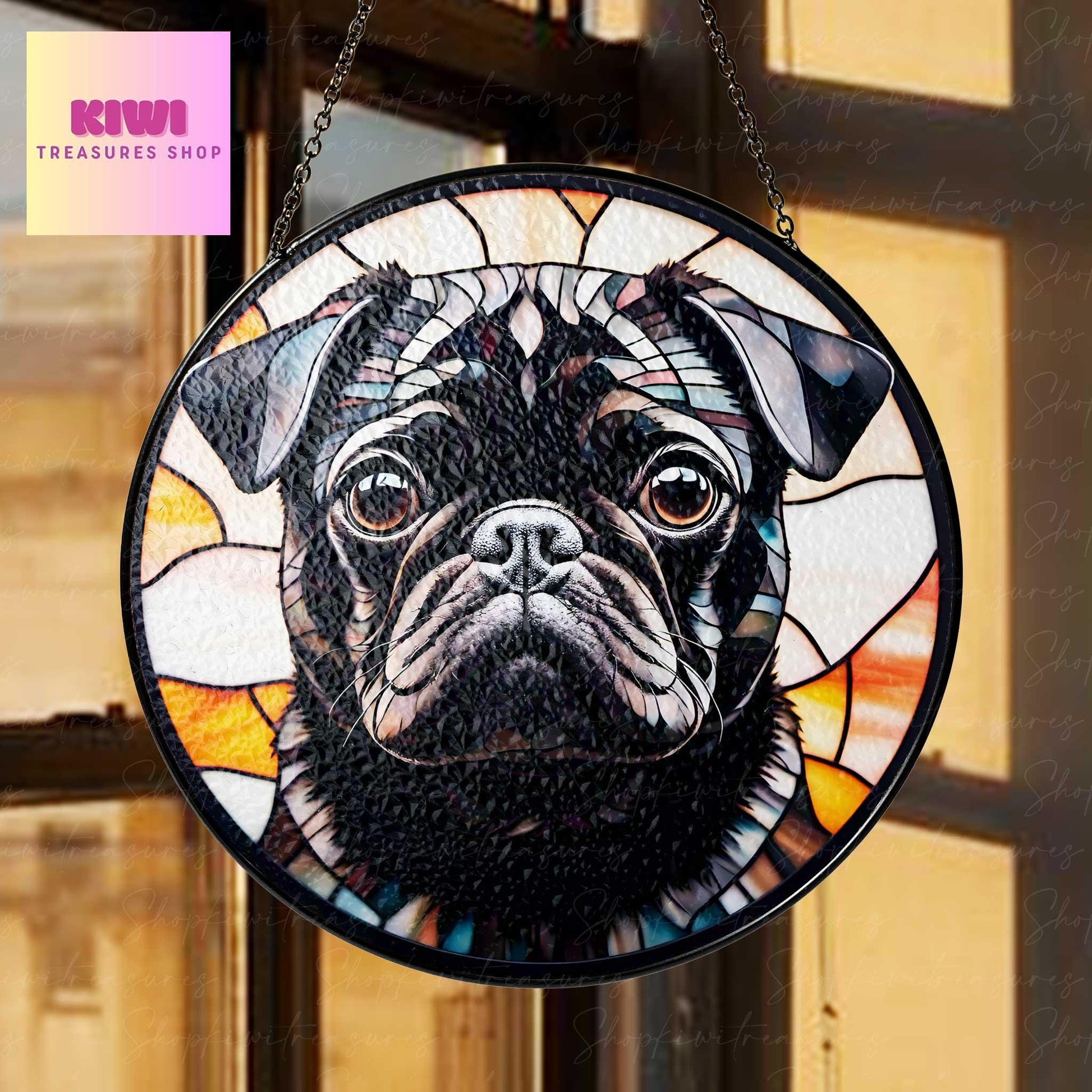 Black Pug Potrait  GLASS Suncatcher Hanging, Pug mom gift, Pug dog suncatcher hanging, Dog window hanging, remembrance gift