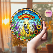UFO Abduction Raccoon Wildflowers Stained Glass Suncatcher - Funny Gifts for Women, Window Hanging, Indoor Decor, Suncatcher, Raccoon Sign