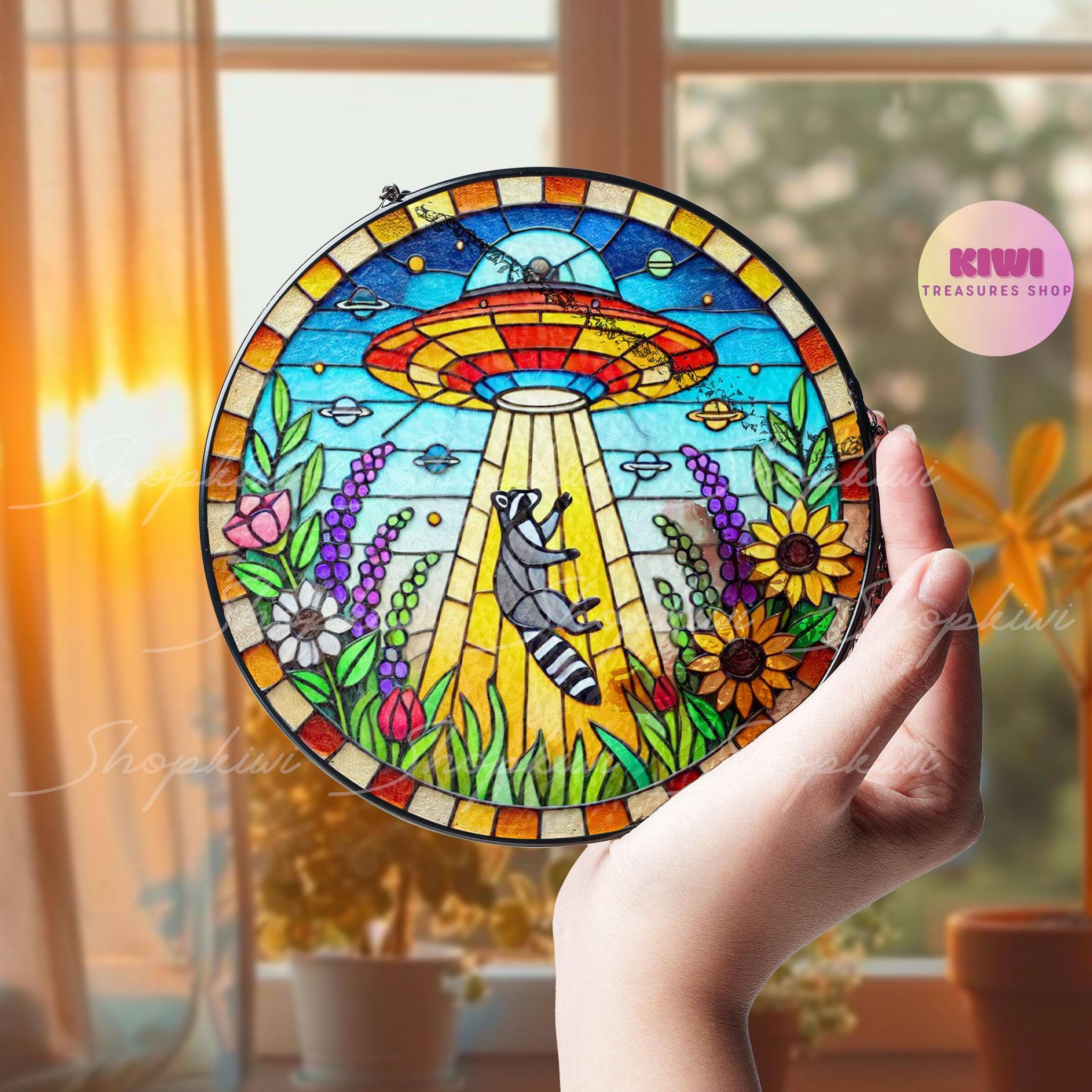 UFO Abduction Raccoon Wildflowers Stained Glass Suncatcher - Funny Gifts for Women, Window Hanging, Indoor Decor, Suncatcher, Raccoon Sign