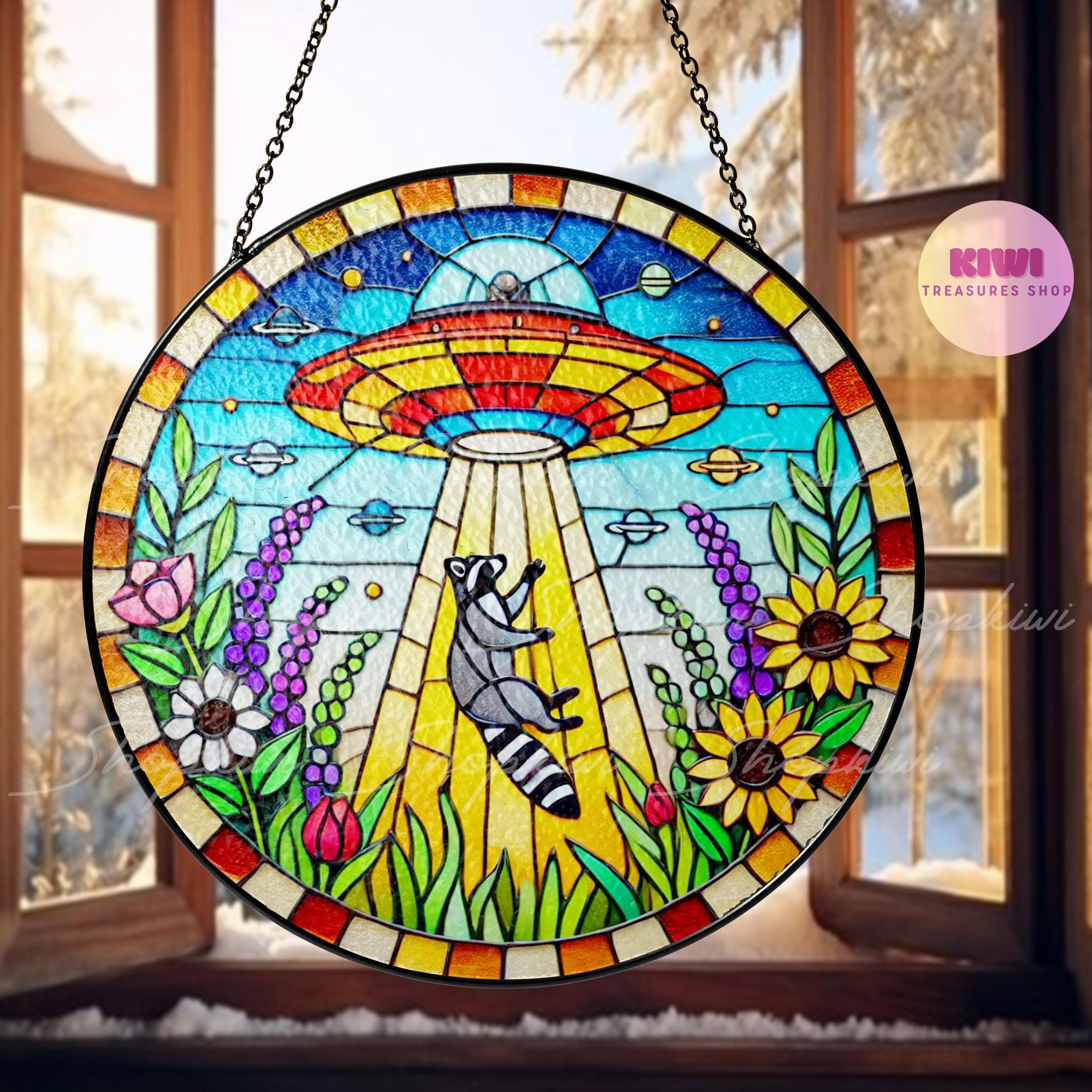 UFO Abduction Raccoon Wildflowers Stained Glass Suncatcher - Funny Gifts for Women, Window Hanging, Indoor Decor, Suncatcher, Raccoon Sign