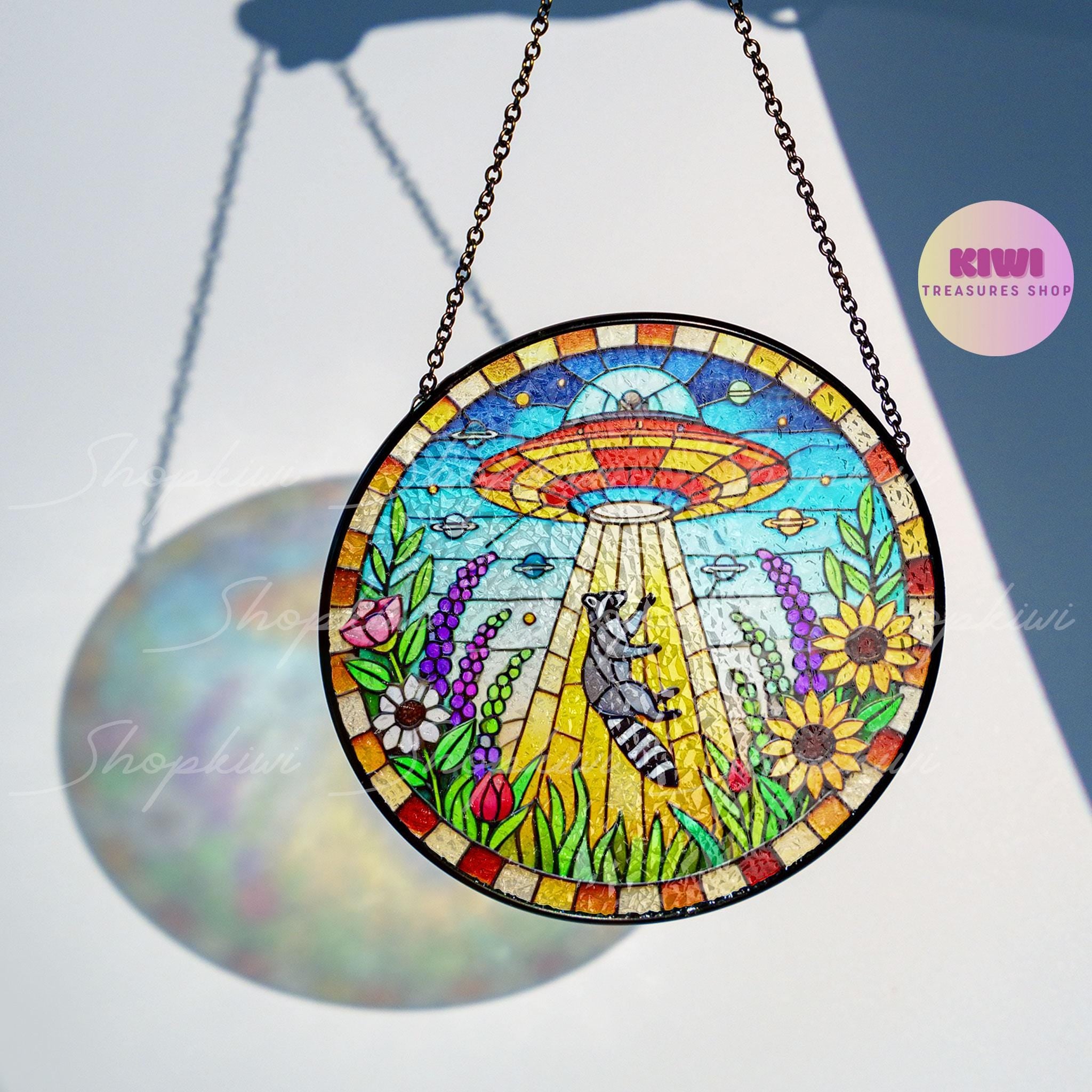 UFO Abduction Raccoon Wildflowers Stained Glass Suncatcher - Funny Gifts for Women, Window Hanging, Indoor Decor, Suncatcher, Raccoon Sign