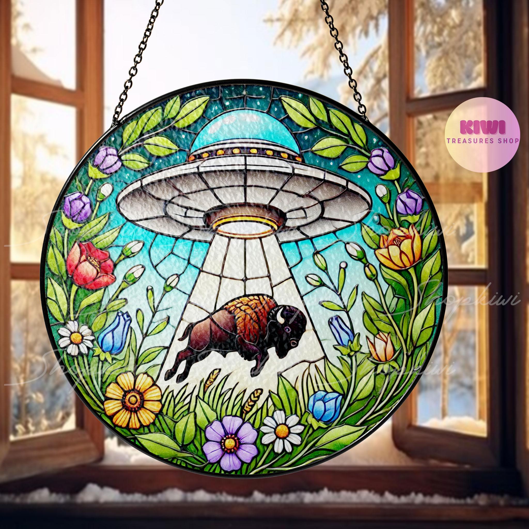 UFO Abduction Bison Wildflowers Stained Glass Suncatcher - Funny Gifts for Women, Window Hanging, Indoor Decor, Suncatcher, Buffalo Bison