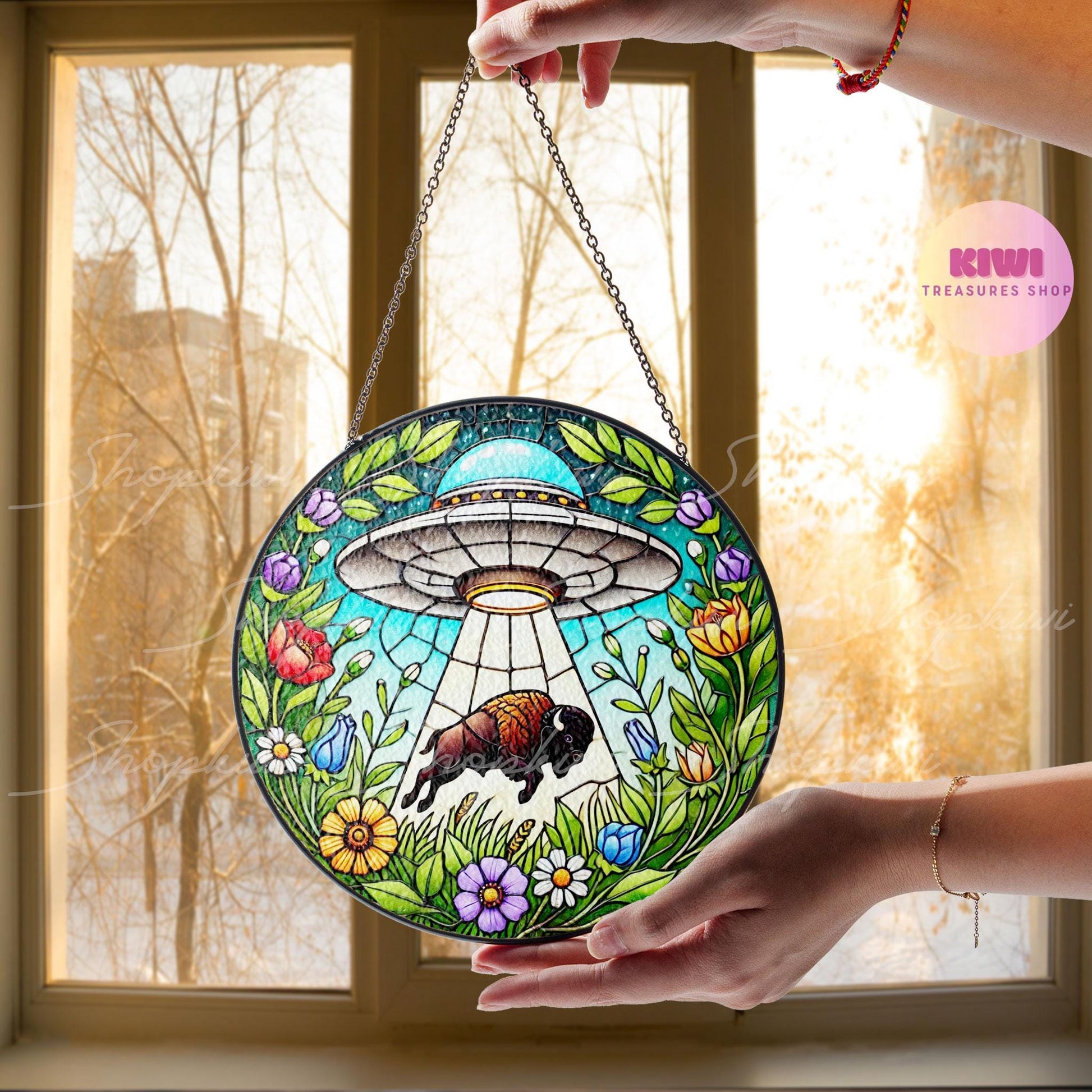 UFO Abduction Bison Wildflowers Stained Glass Suncatcher - Funny Gifts for Women, Window Hanging, Indoor Decor, Suncatcher, Buffalo Bison