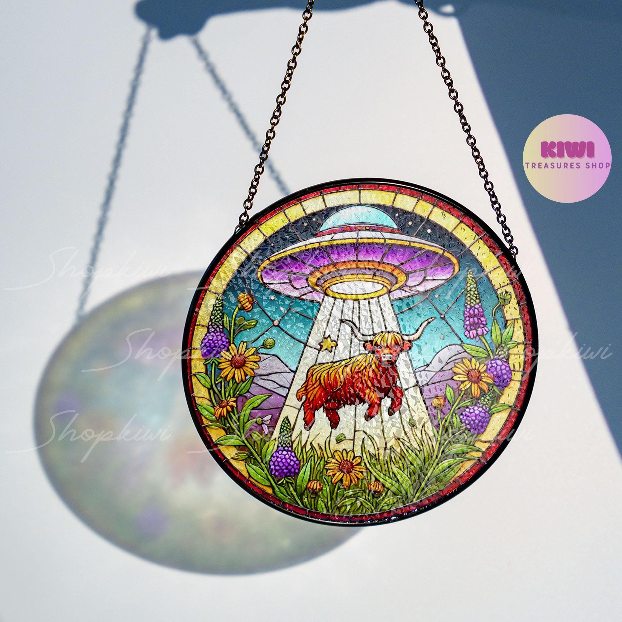 UFO Abduction Highland Cattle Wildflowers Glass Suncatcher - Funny Gifts for Women, Window Hanging, Indoor Decor, Suncatcher, Cow