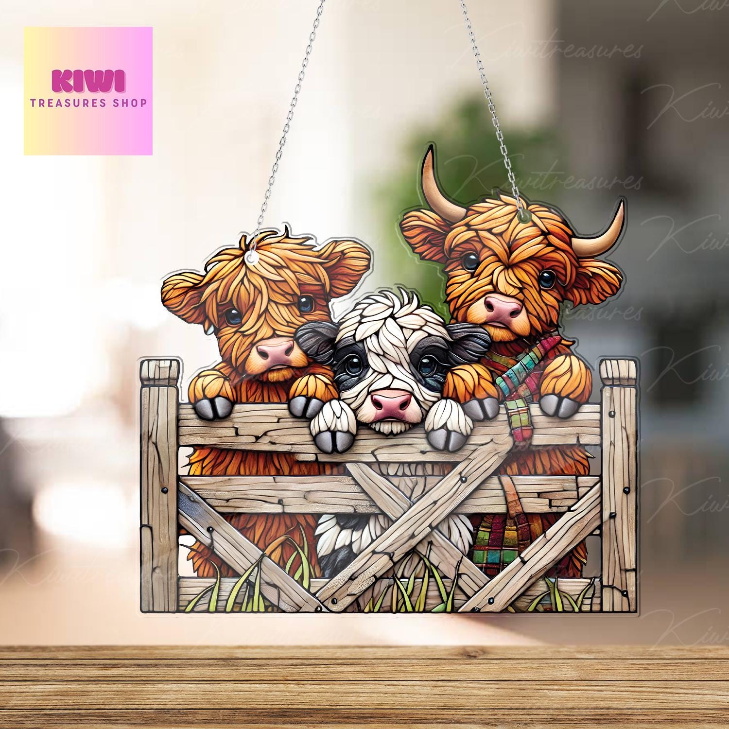 Cute 3 curious highland cows ACRYLIC window hanging, Farmhouse Hanging, Gift for farmer, Housewarming gift,  Not suncatcher