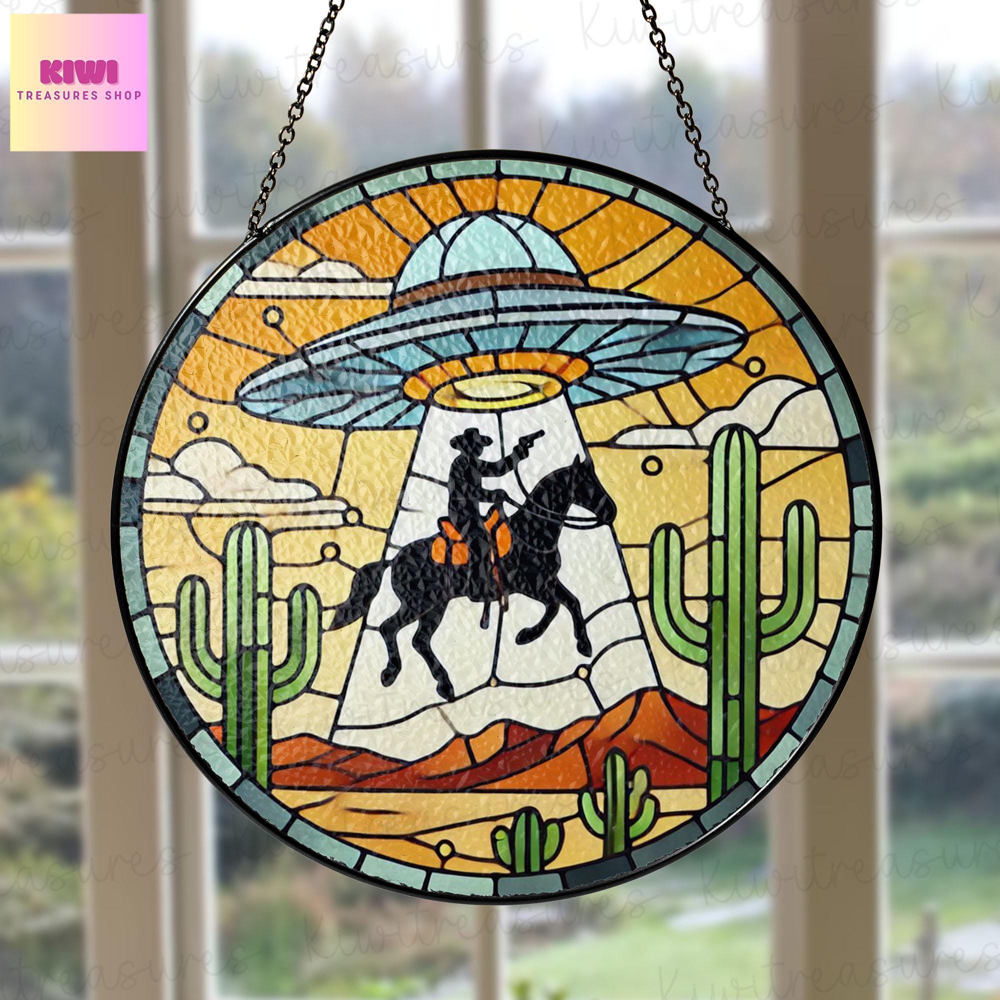 UFO Abduction Cowboy Western Desert Stained Glass Suncatcher, Funny Gifts for Women, Window Hanging, Indoor Decor, Suncatcher, Cowboy