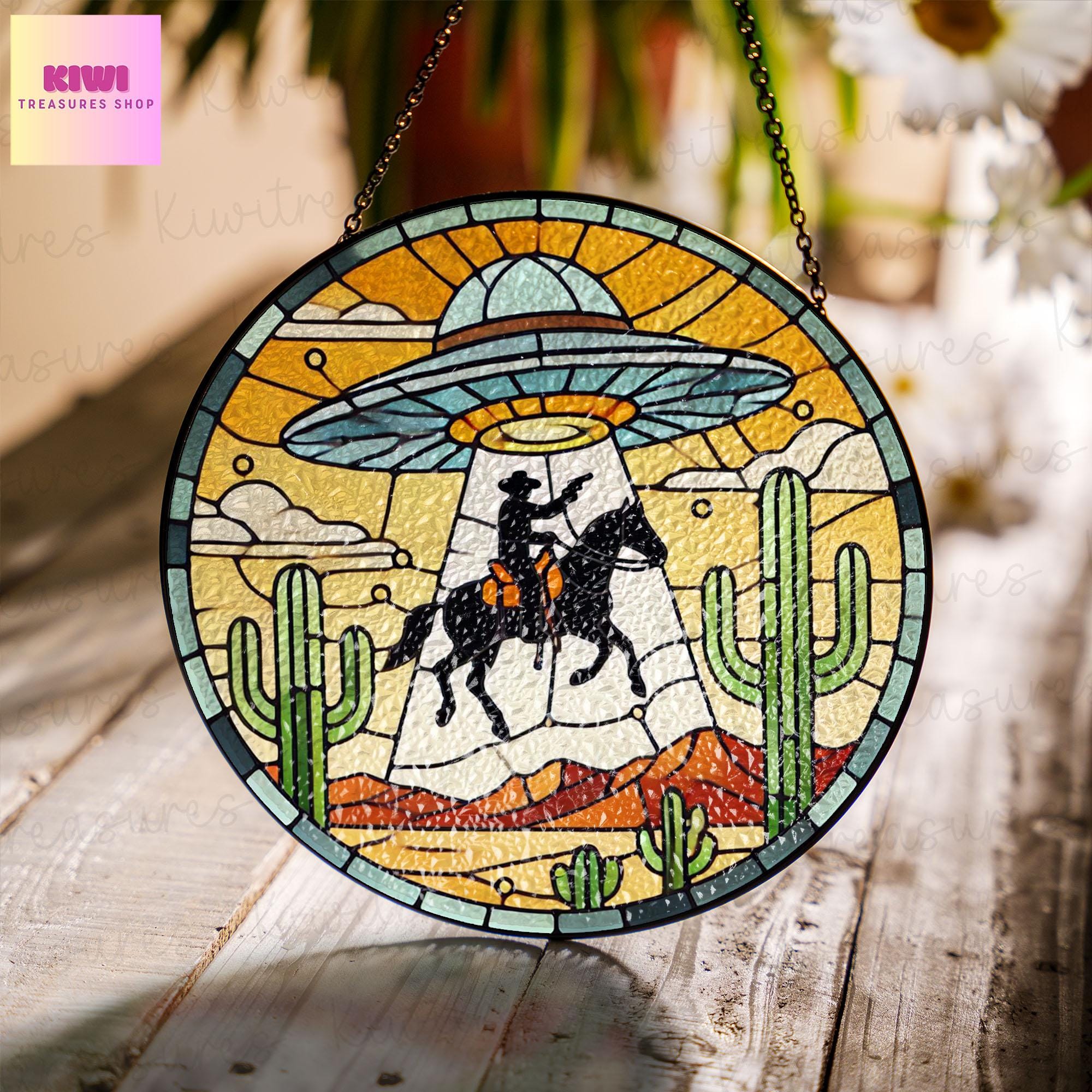 UFO Abduction Cowboy Western Desert Stained Glass Suncatcher, Funny Gifts for Women, Window Hanging, Indoor Decor, Suncatcher, Cowboy